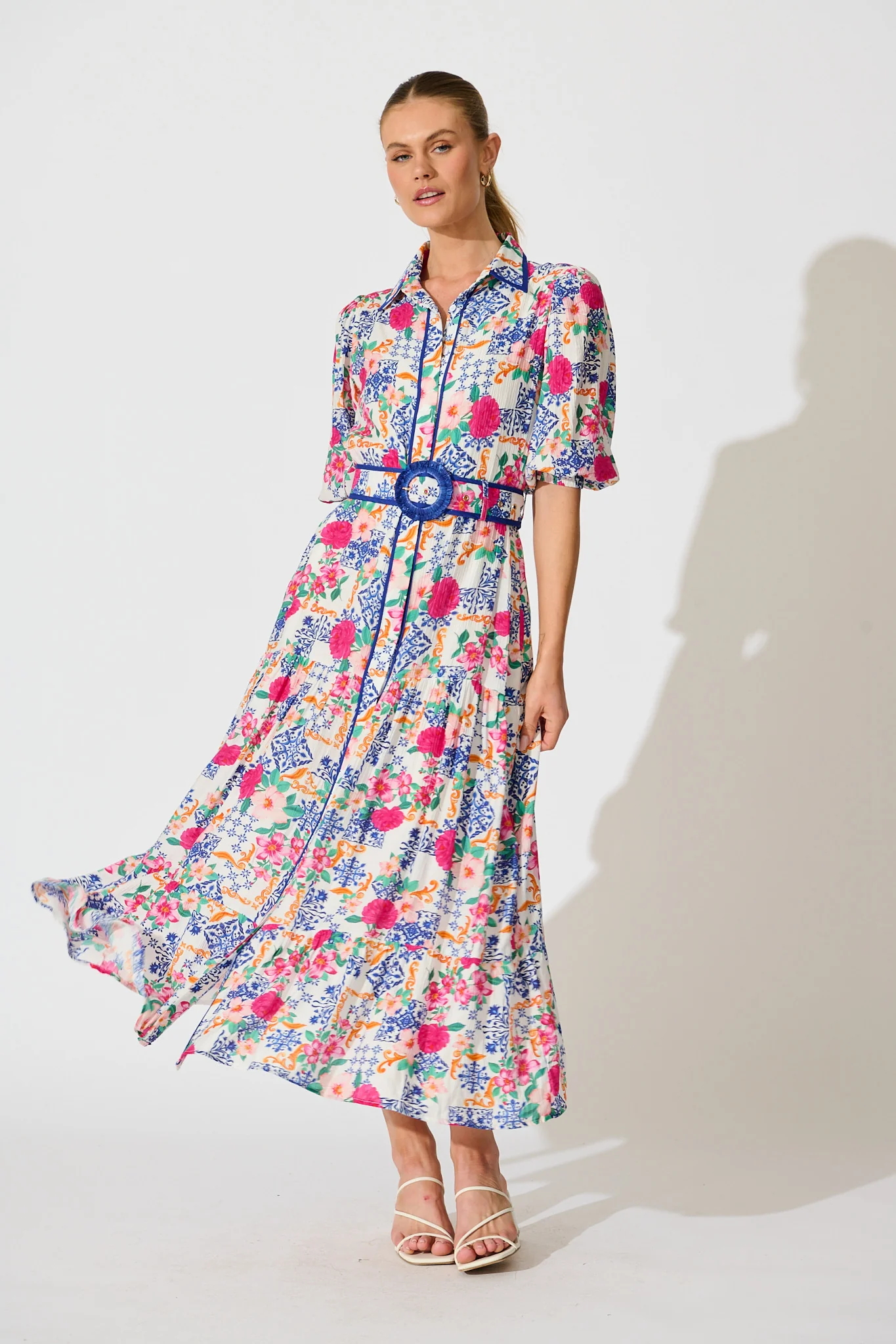 Adaluna Maxi Shirt Dress in White with Blue Multi Print