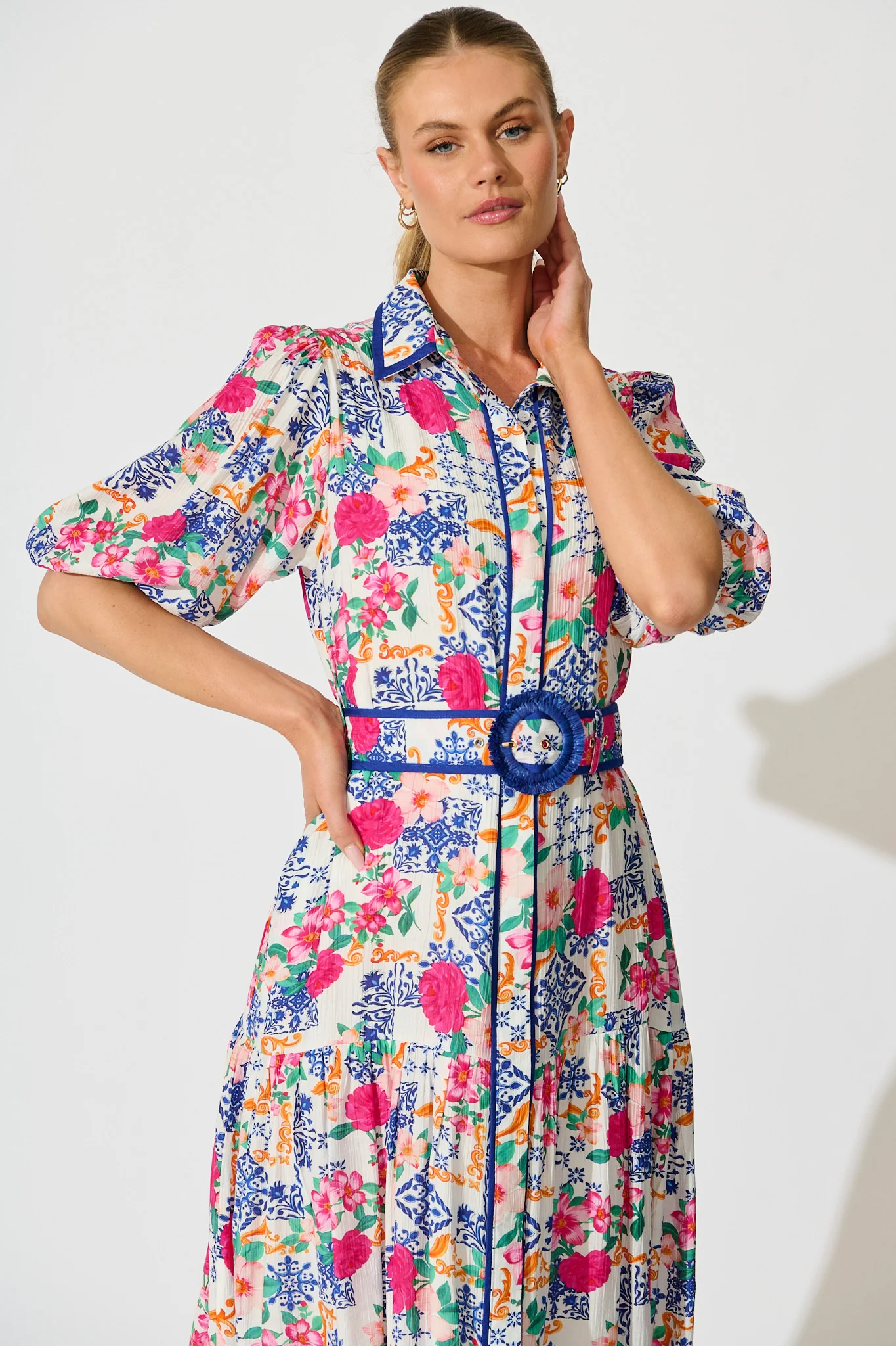 Adaluna Maxi Shirt Dress in White with Blue Multi Print - Image 2
