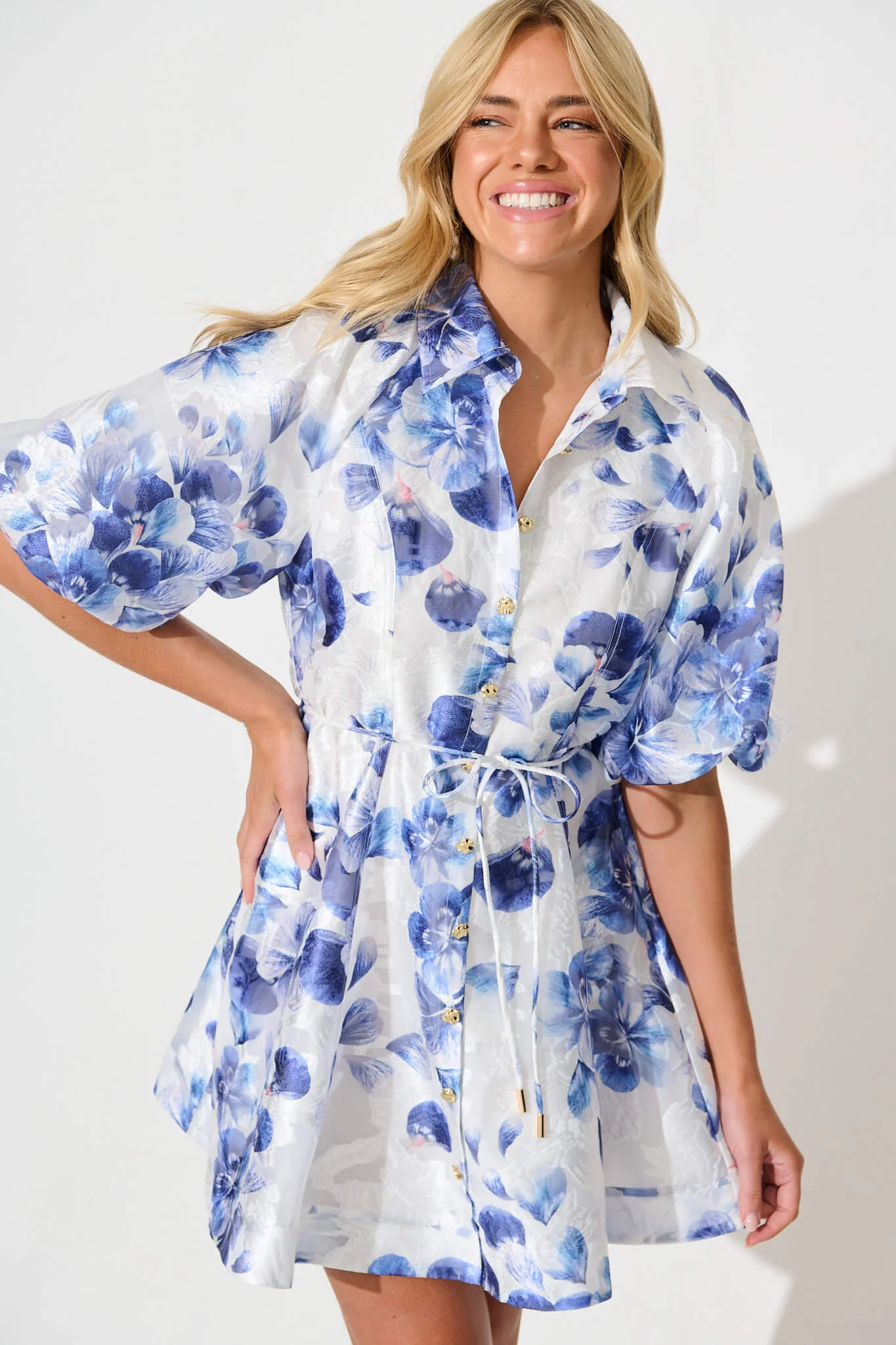 Admirer Shirt Dress in White with Blue Floral Organza - Image 6