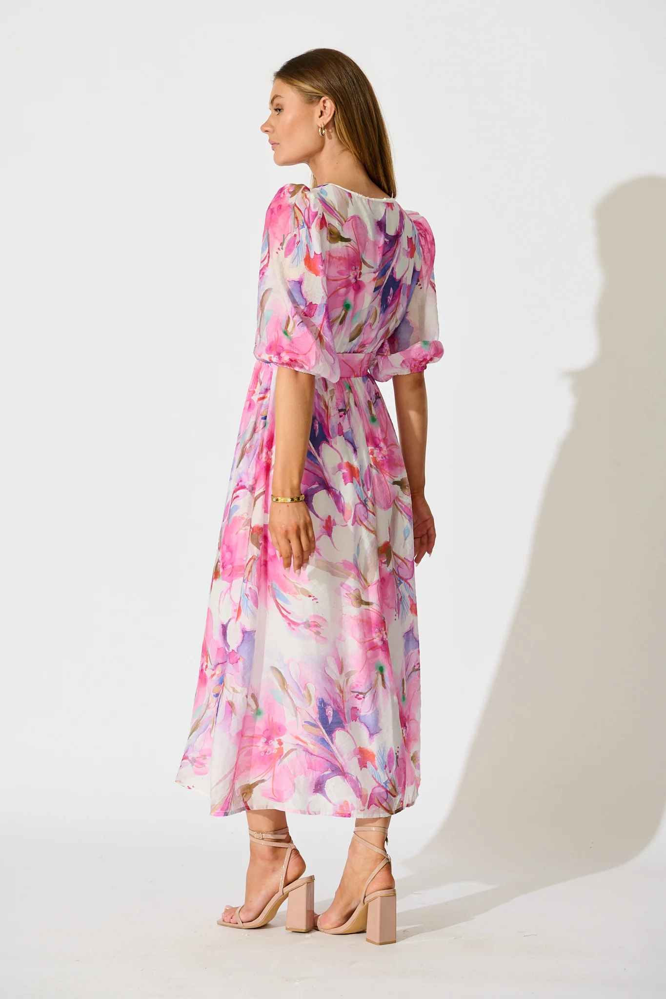 Adrina Maxi Dress in White with Pink Watercolour - Image 4