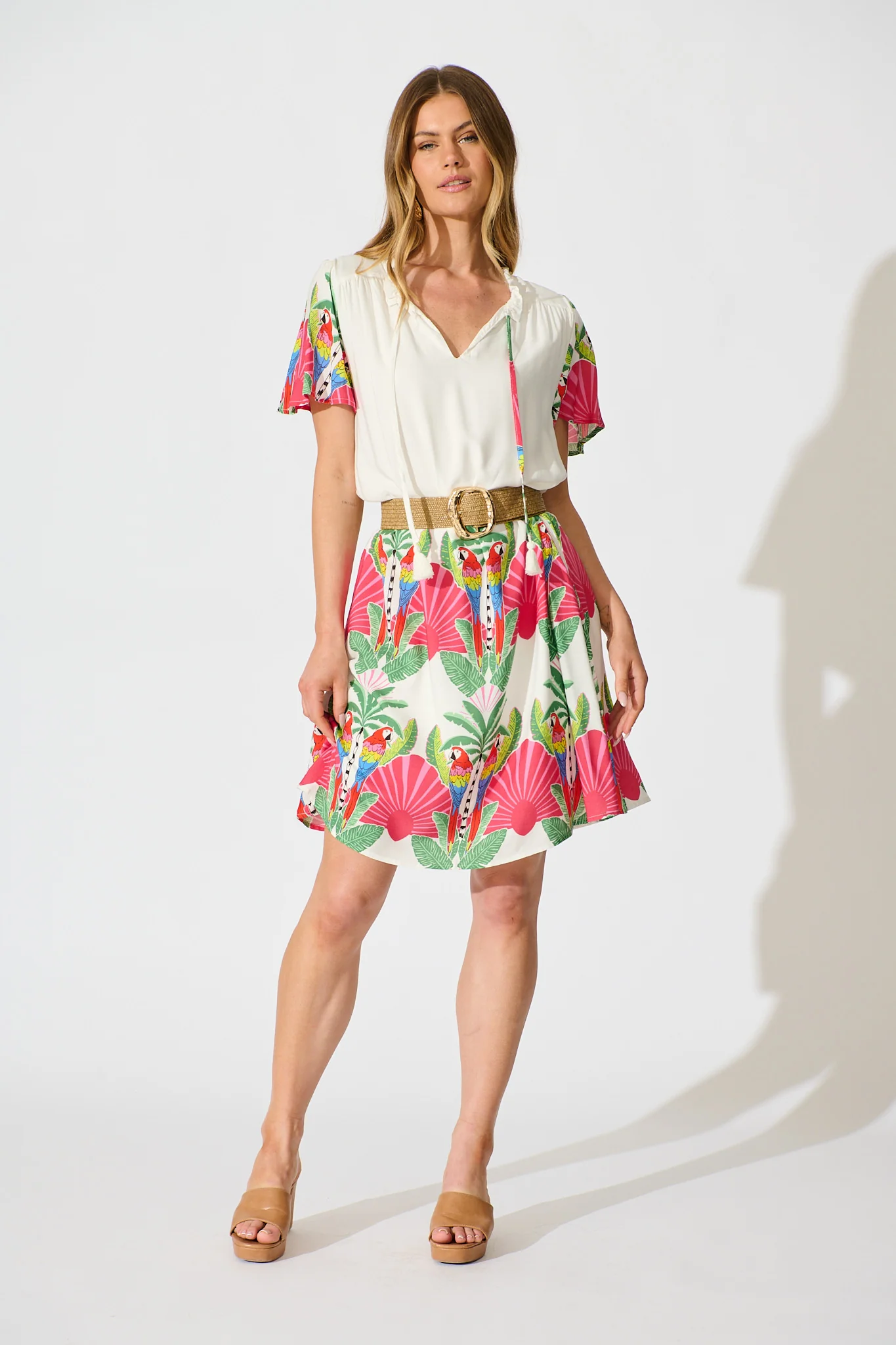 Aere Dress in White with Red Multi Tropical Print