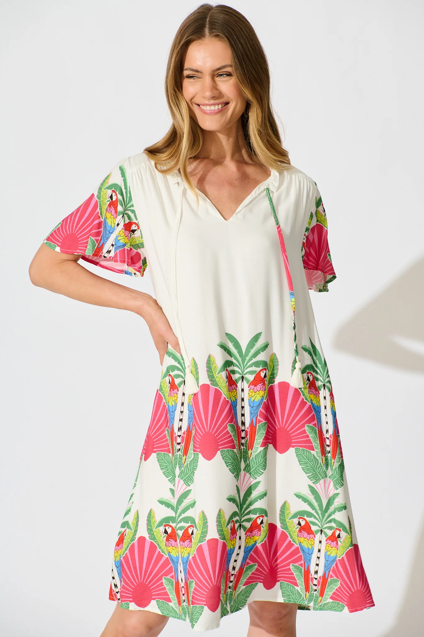 Aere Dress in White with Red Multi Tropical Print - Image 2