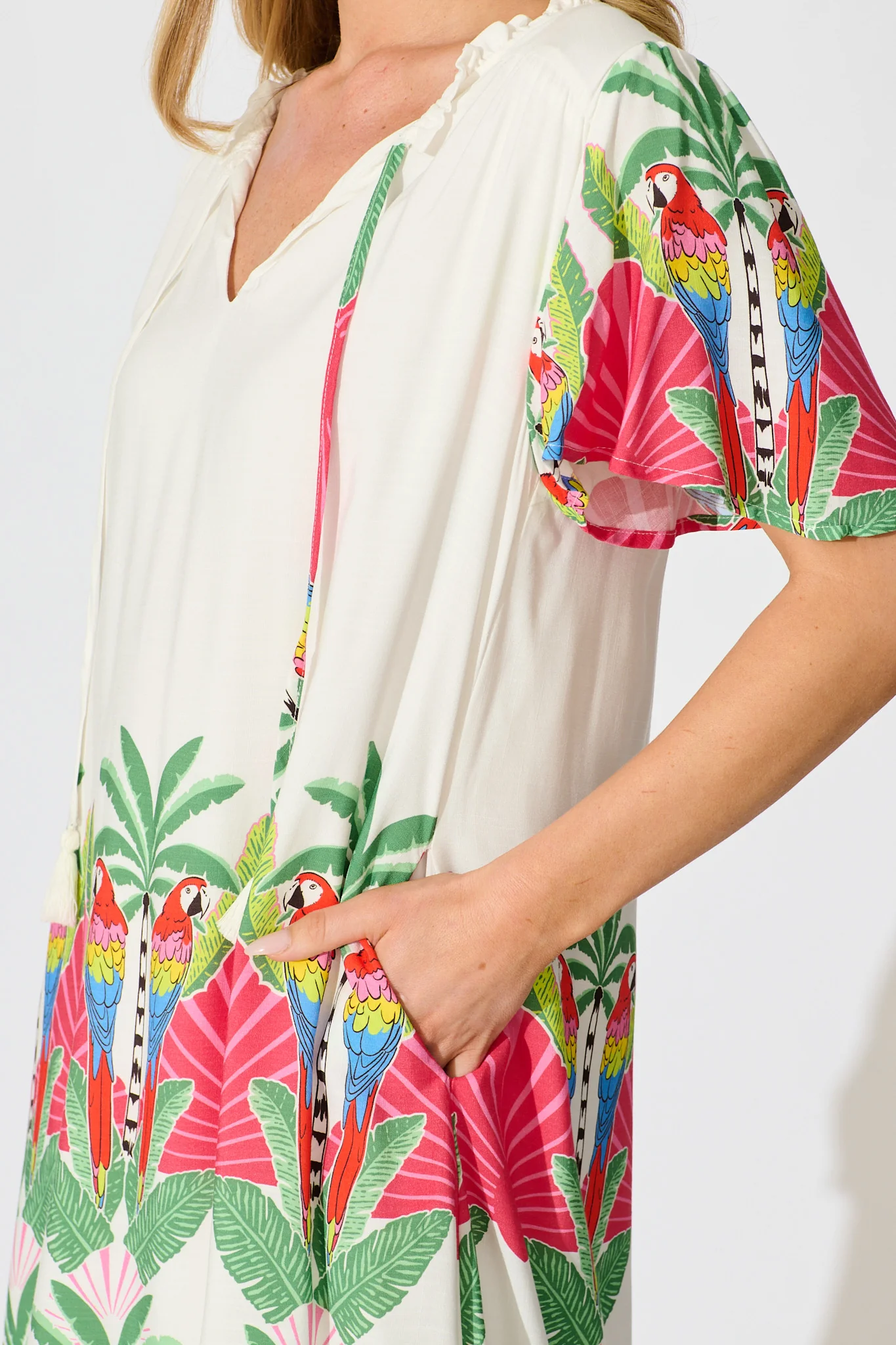 Aere Dress in White with Red Multi Tropical Print - Image 5