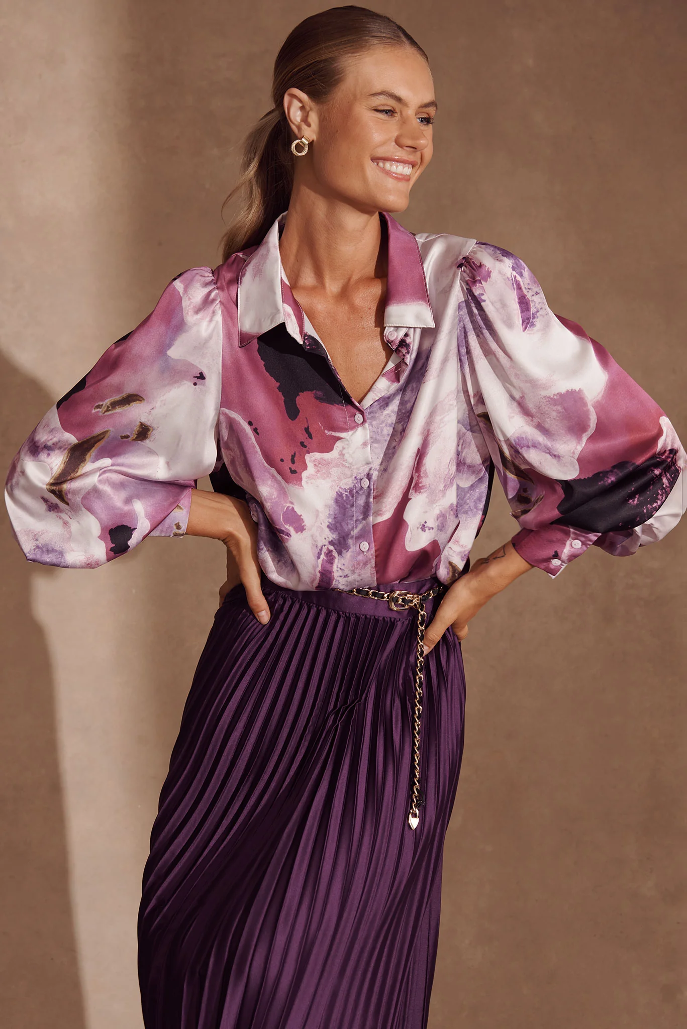Afternoon Shirt In Pink With Purple Watercolour Satin - Image 4
