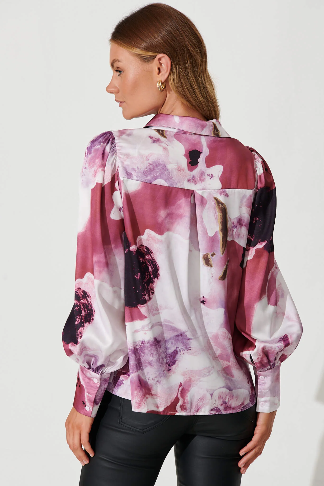 Afternoon Shirt In Pink With Purple Watercolour Satin - Image 8