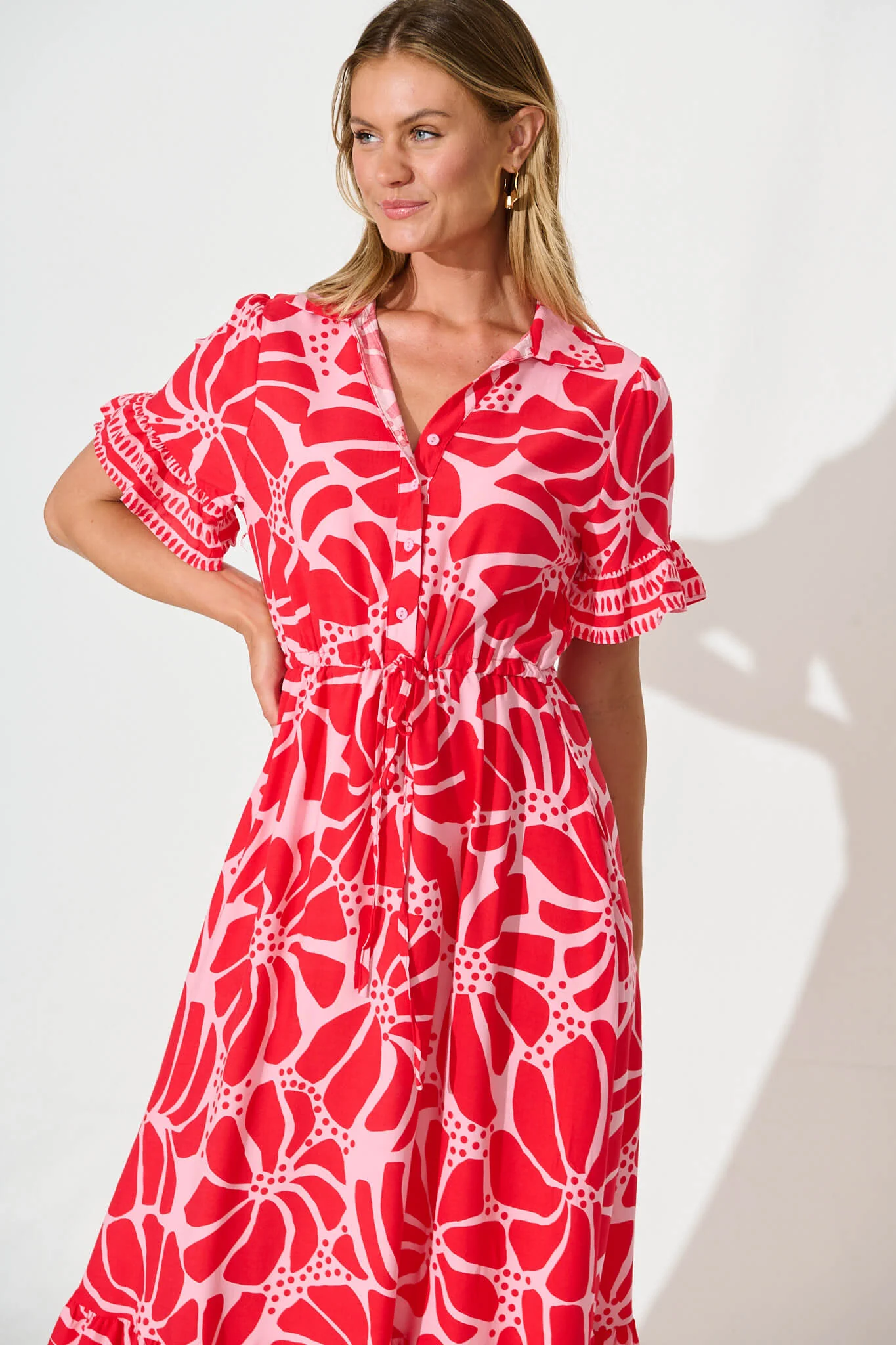 Aiken Midi Dress in Pink and Red Floral - Image 2