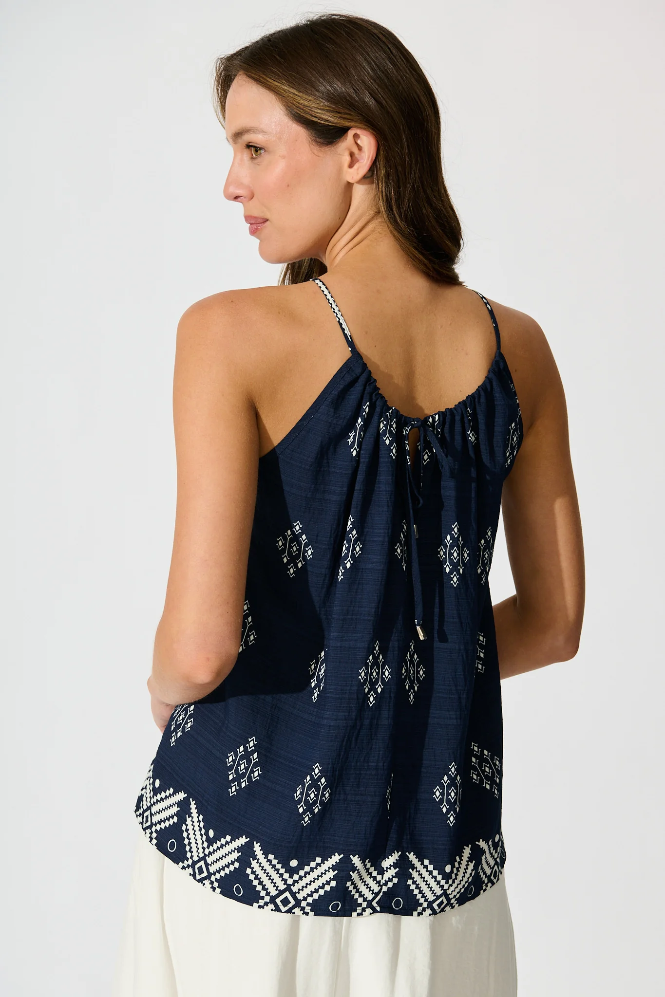 Aiko Top in Navy with White Border Print Linen Blend - Image 3
