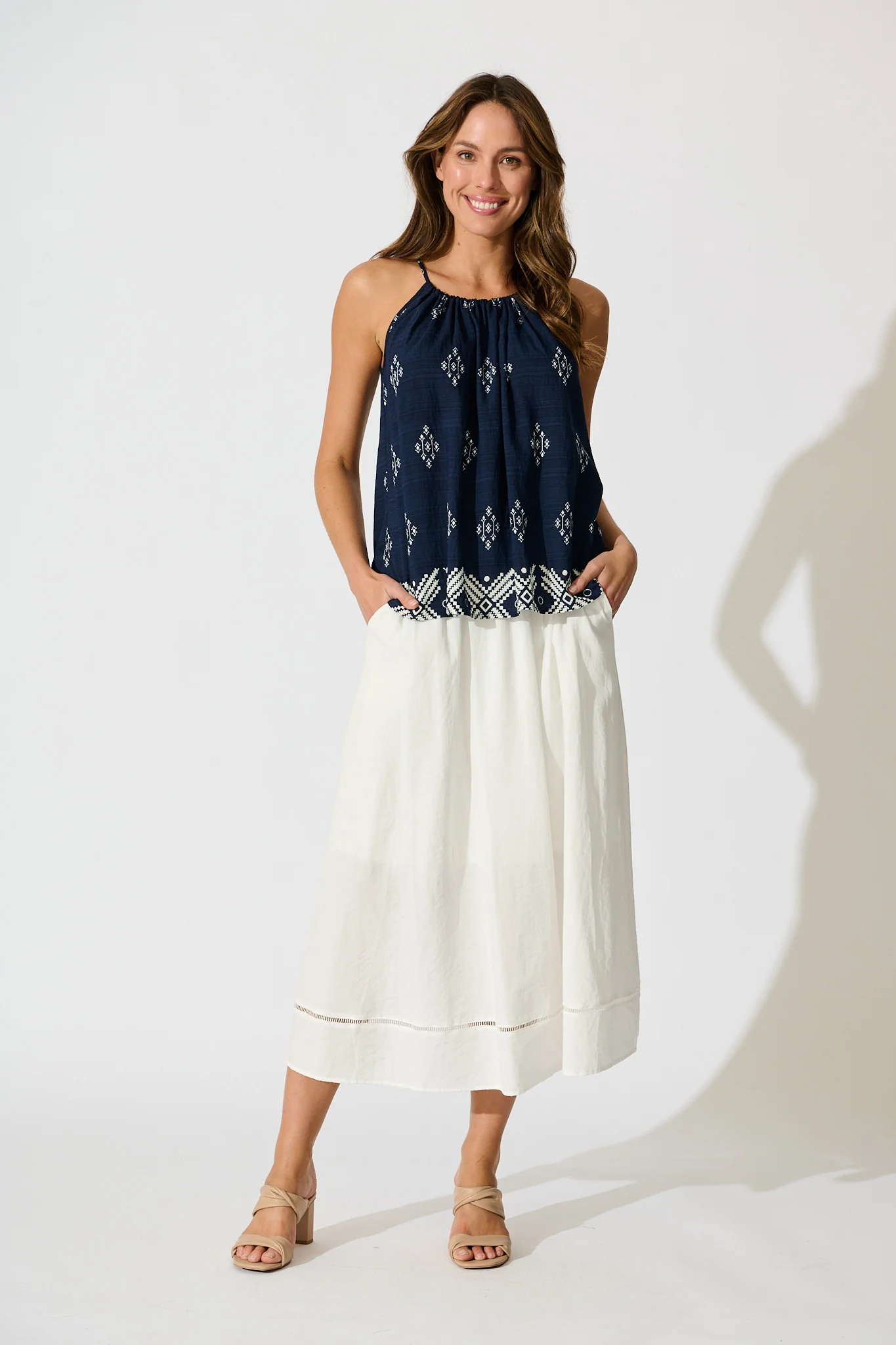 Aiko Top in Navy with White Border Print Linen Blend - Image 4