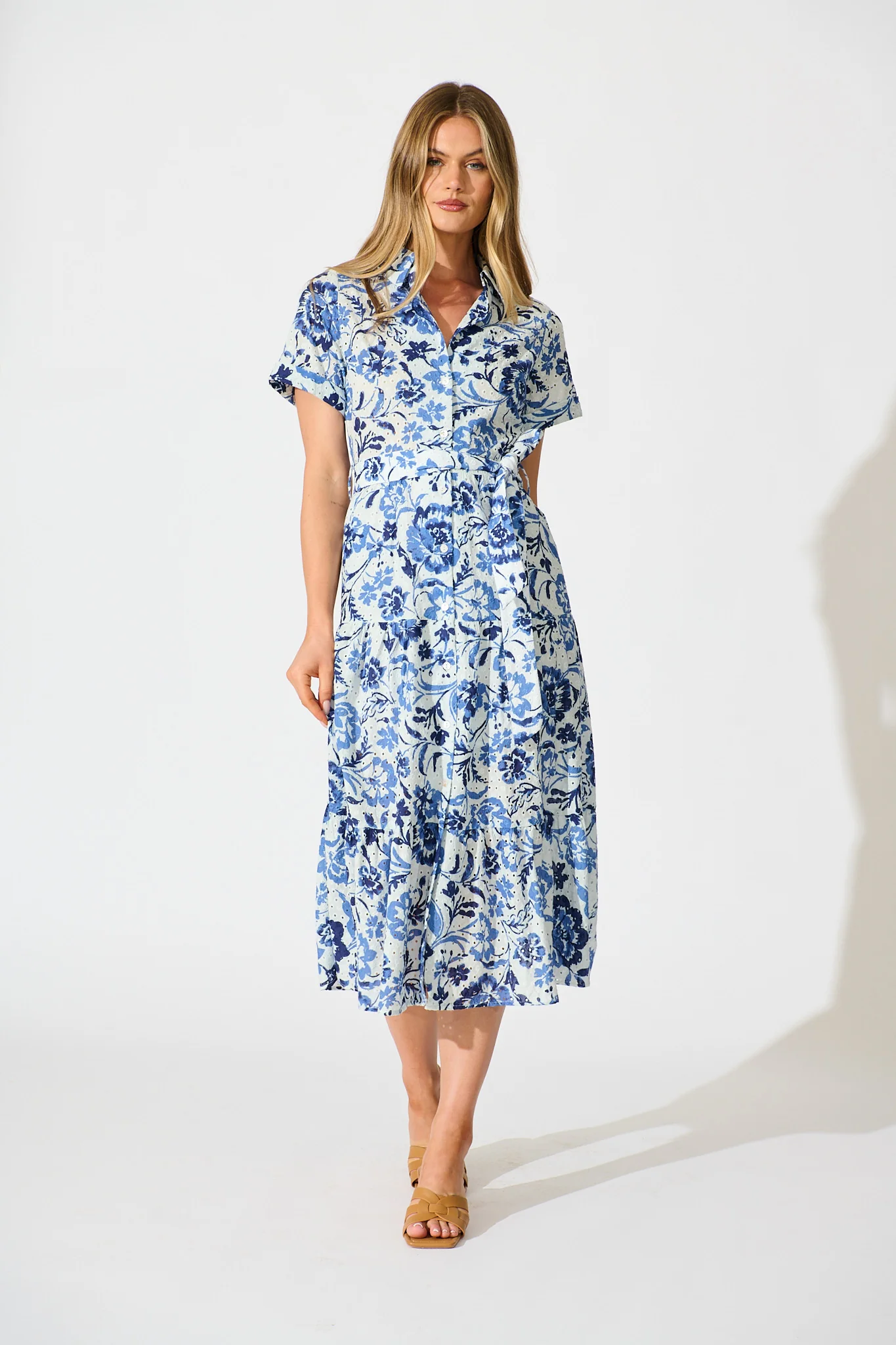 Airlie Midi Shirt Dress in White with Blue Floral Embroidery
