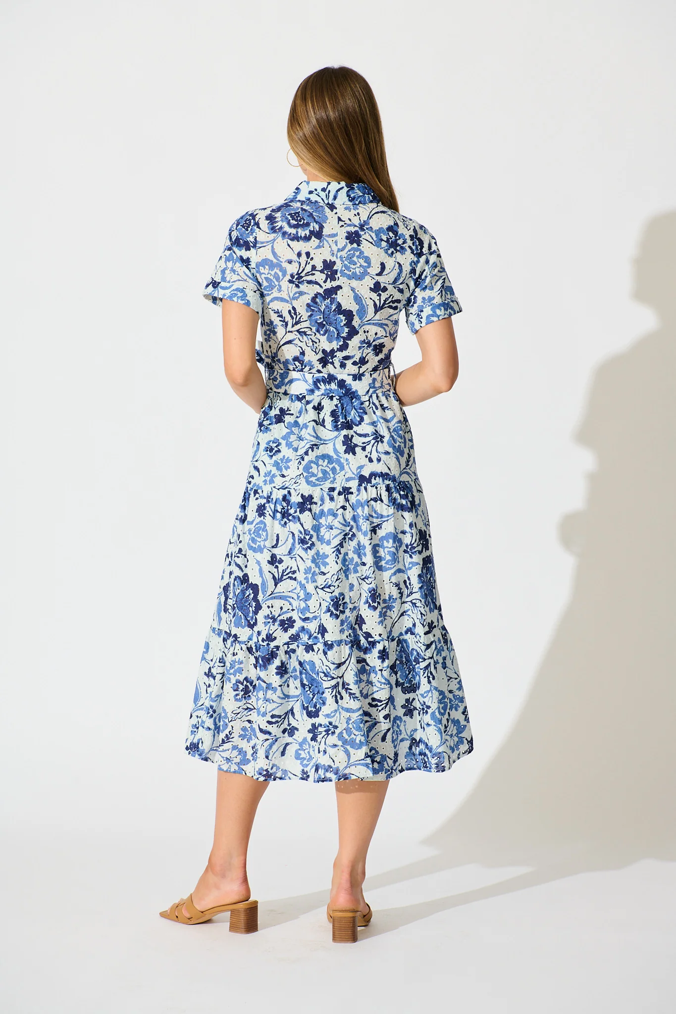 Airlie Midi Shirt Dress in White with Blue Floral Embroidery - Image 4