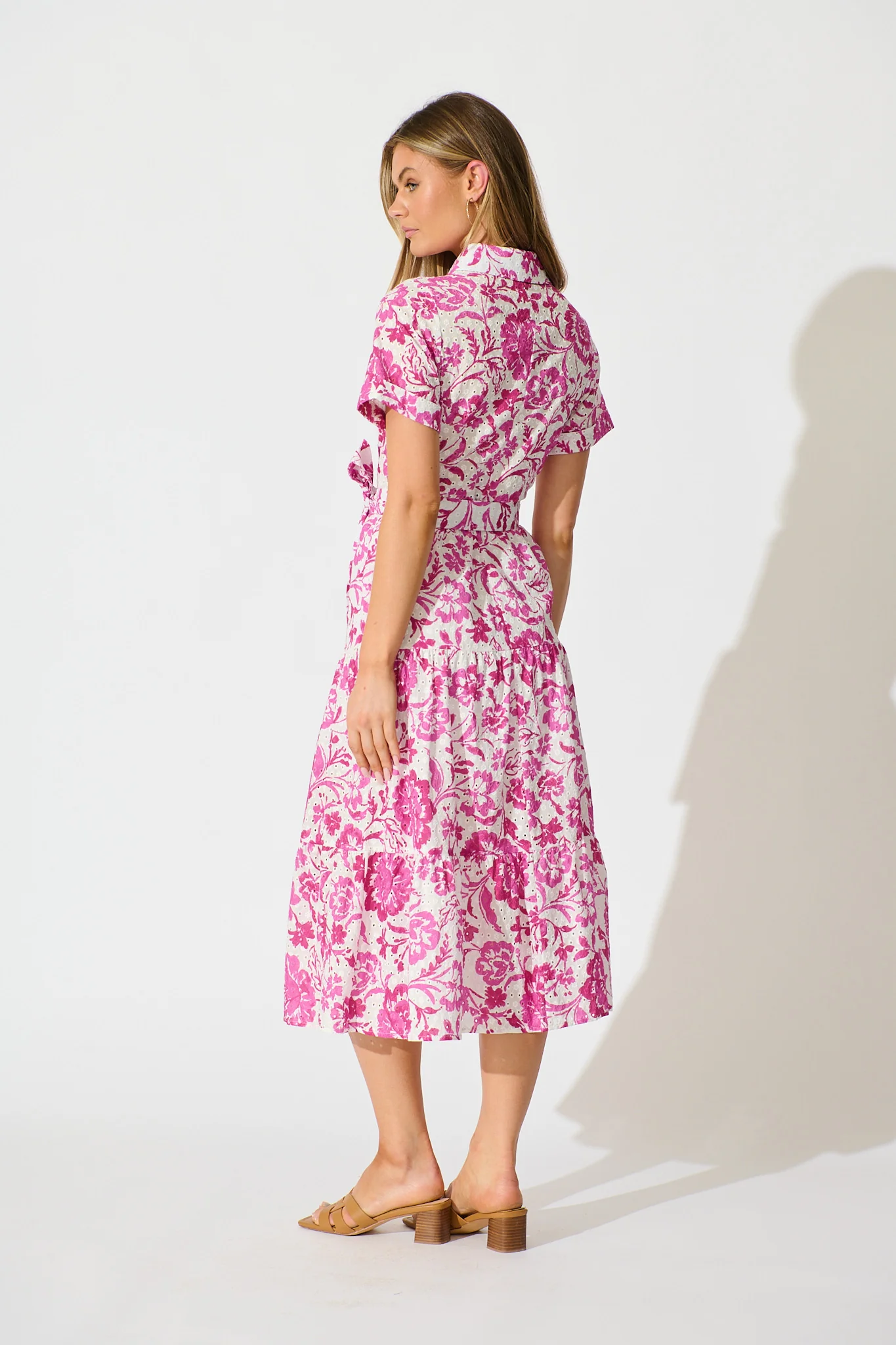 Airlie Midi Shirt Dress in White with Pink Floral Embroidery - Image 4