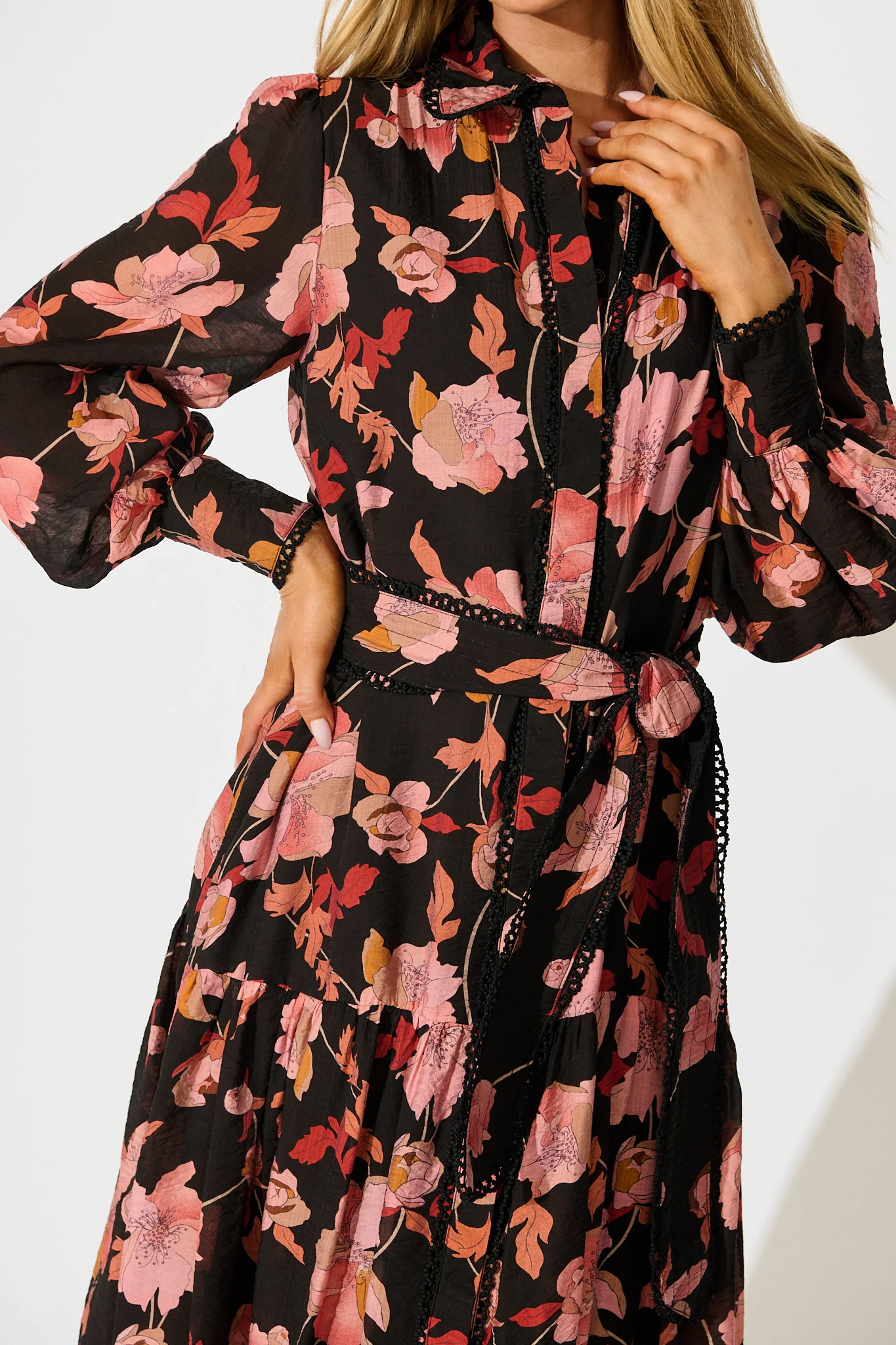 Alaina Maxi Shirt Dress in Black Floral with Black Lace Trim - Image 5