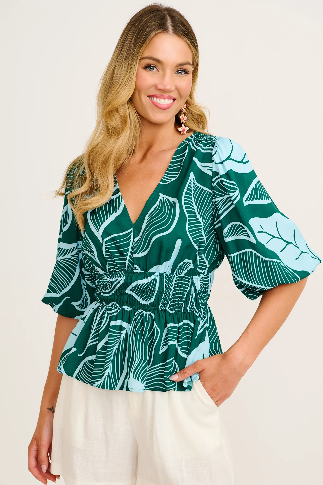 Aleda Top in Green Leaf Print