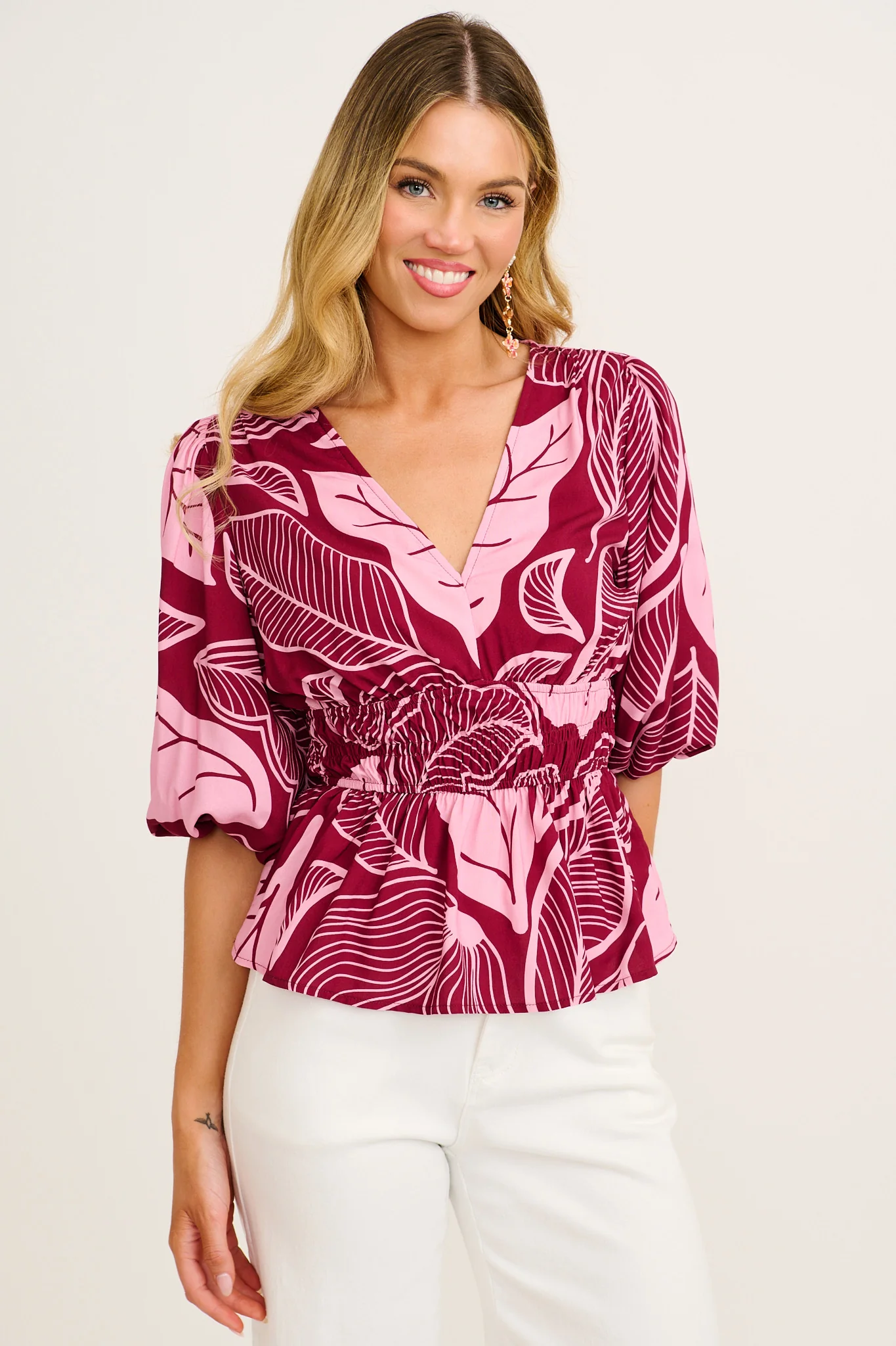 Aleda Top in Plum with Pink Leaf Print