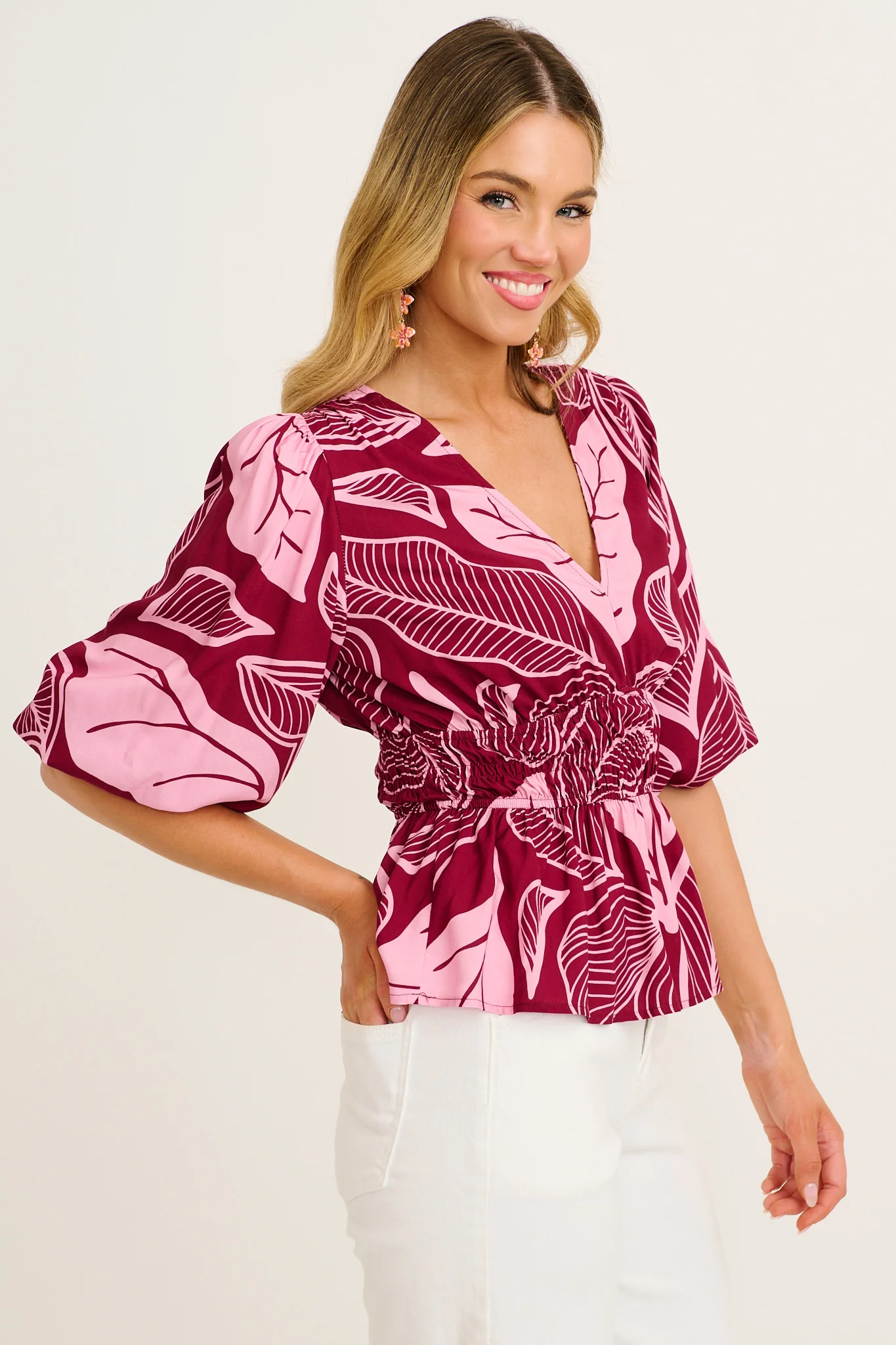 Aleda Top in Plum with Pink Leaf Print - Image 2