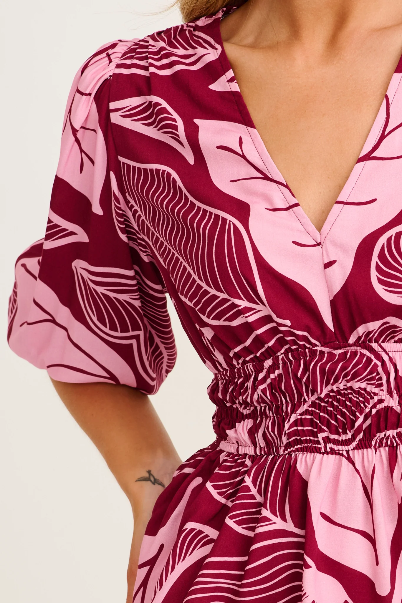 Aleda Top in Plum with Pink Leaf Print - Image 5