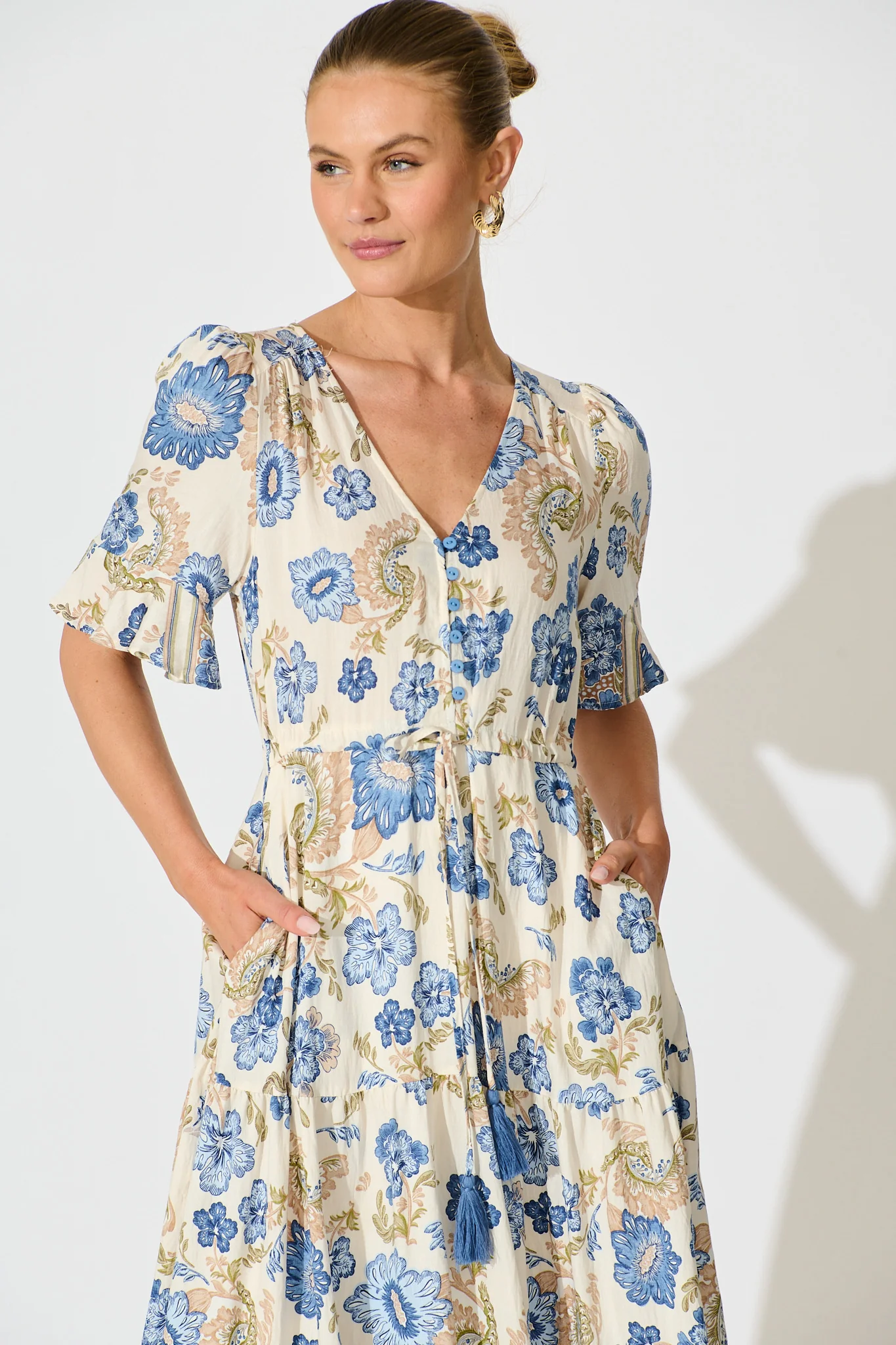 Alessa Maxi Dress in White with Blue Floral - Image 2