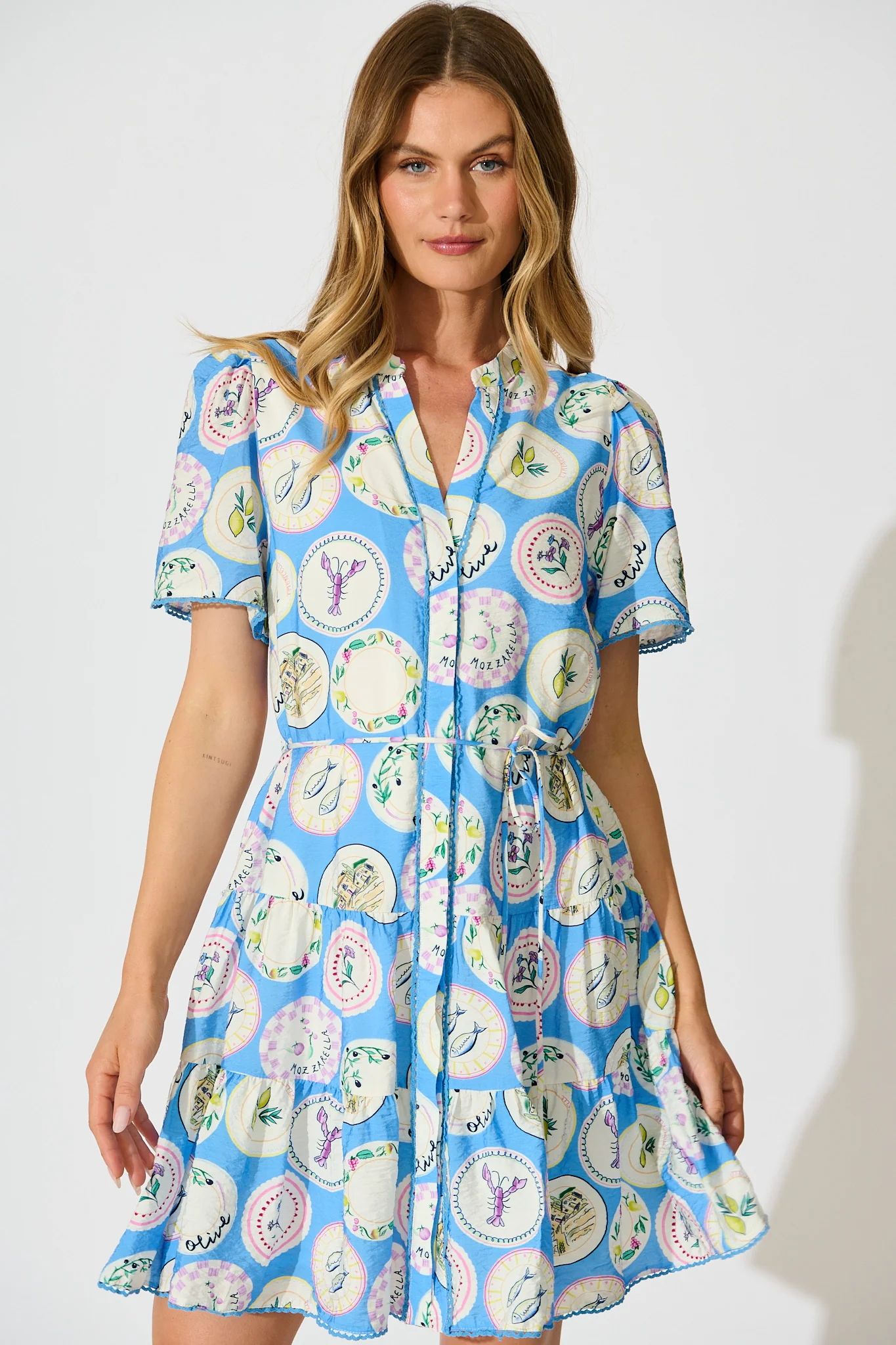Alessandra Dress in Blue Conversational Print - Image 2