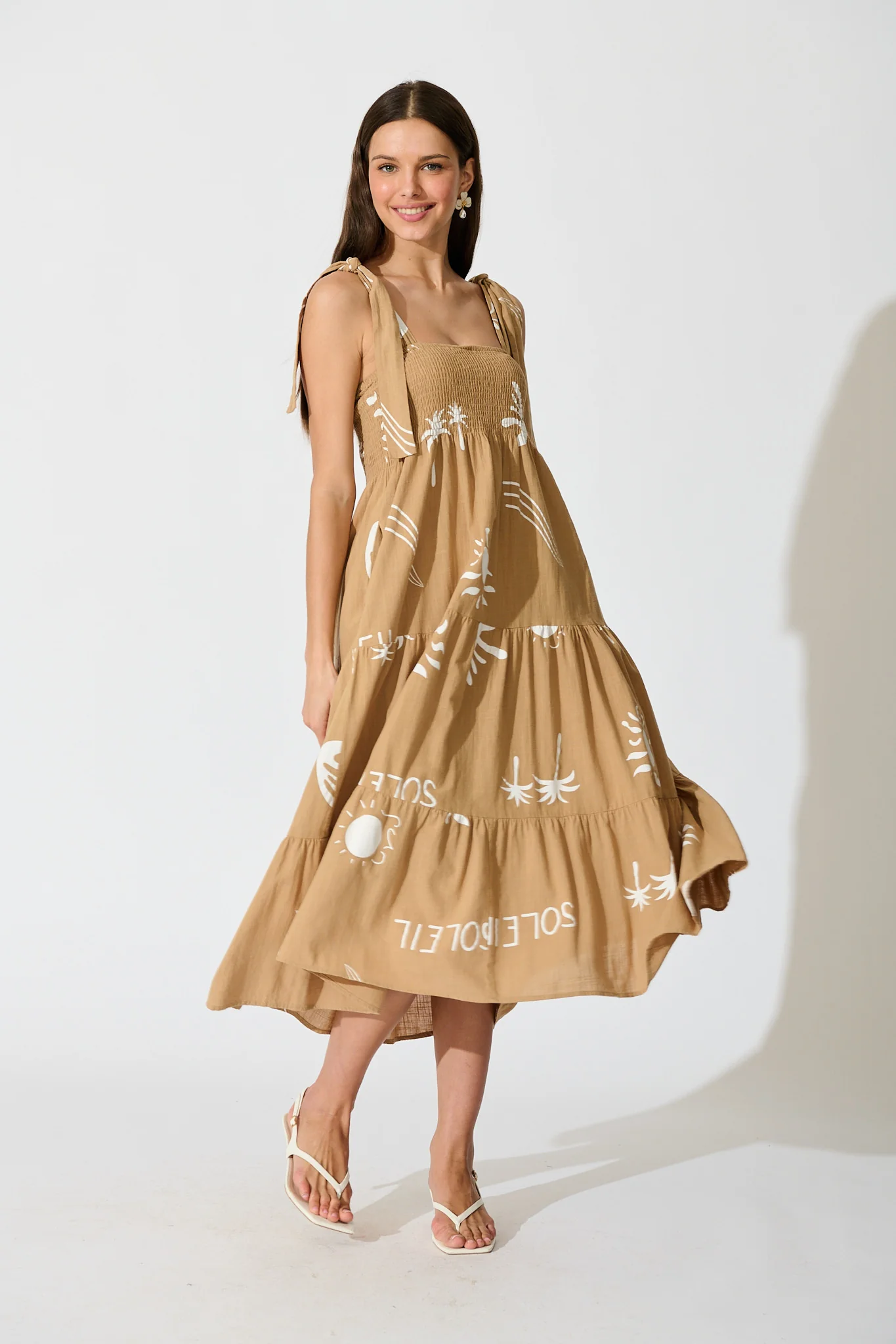 Alexea Midi Sundress in Camel with White Print Cotton