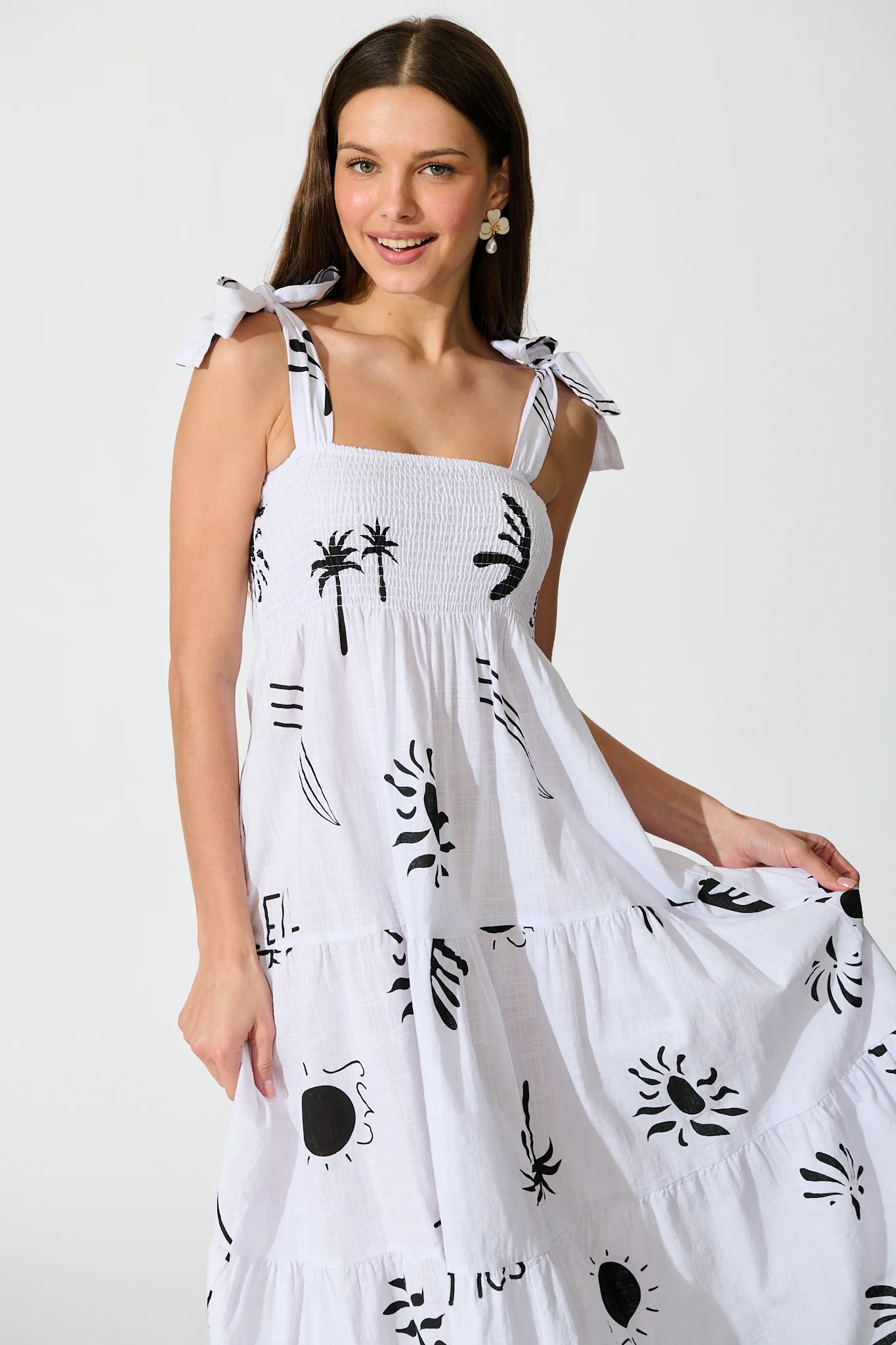 Alexea Midi Sundress in White with Black Print Cotton - Image 2
