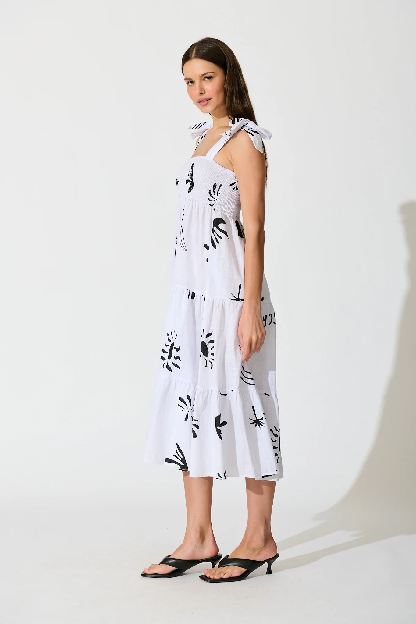 Alexea Midi Sundress in White with Black Print Cotton - Image 3
