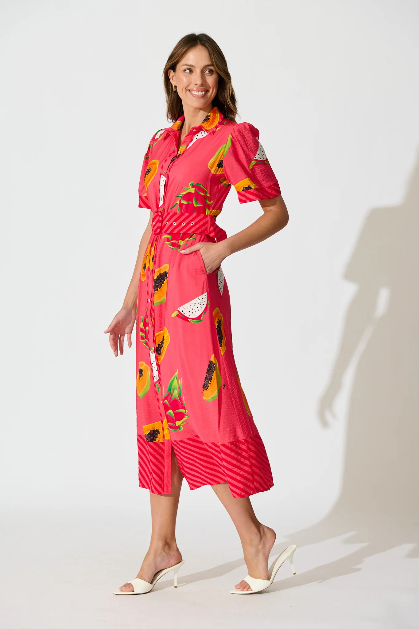 Alina Maxi Shirt Dress in Red Multi Print - Image 3