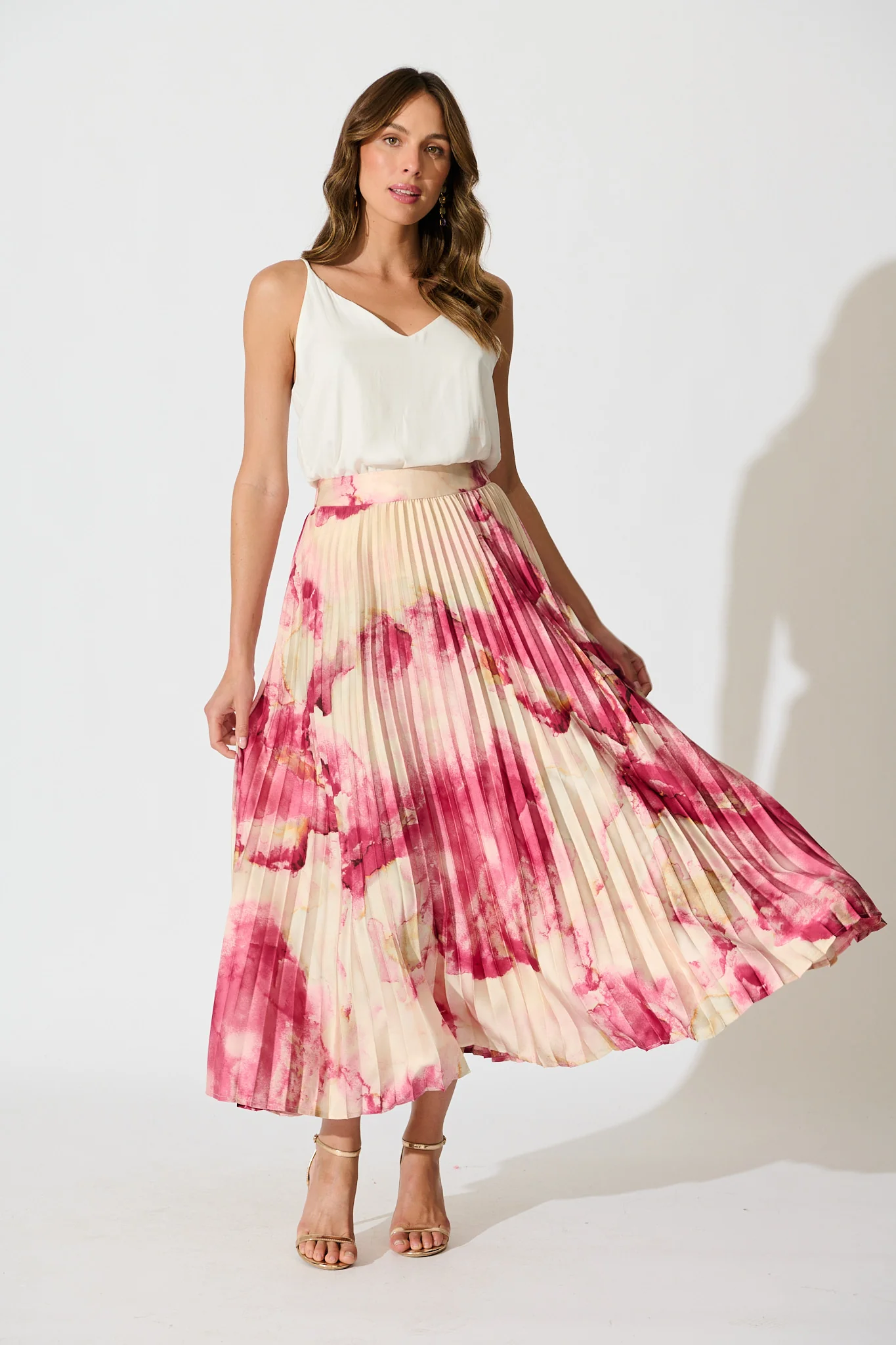 Allison Midi Pleat Skirt in Magenta Watercolour Satin - Image 4