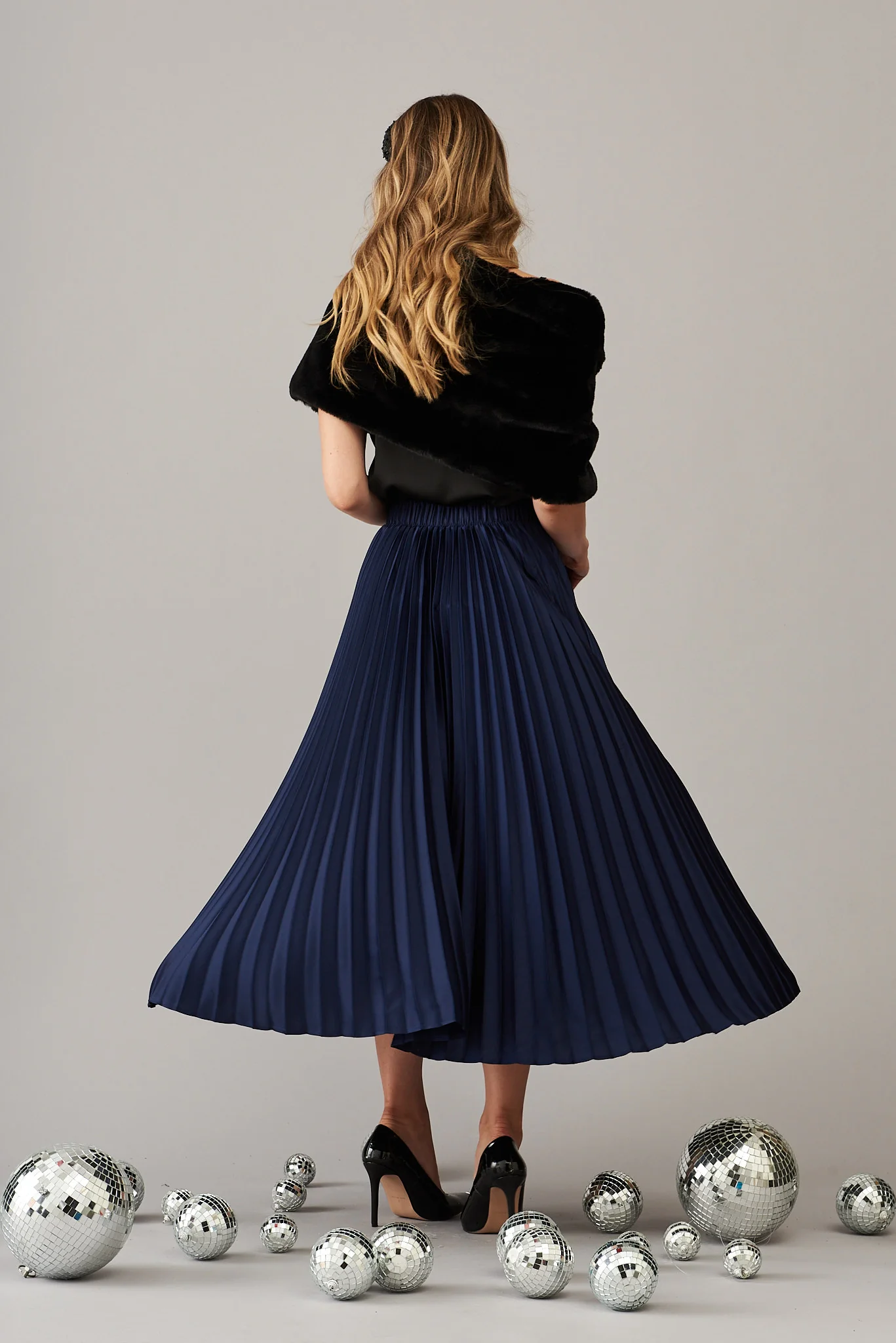 Allison Midi Pleat Skirt In Navy Satin - Image 14