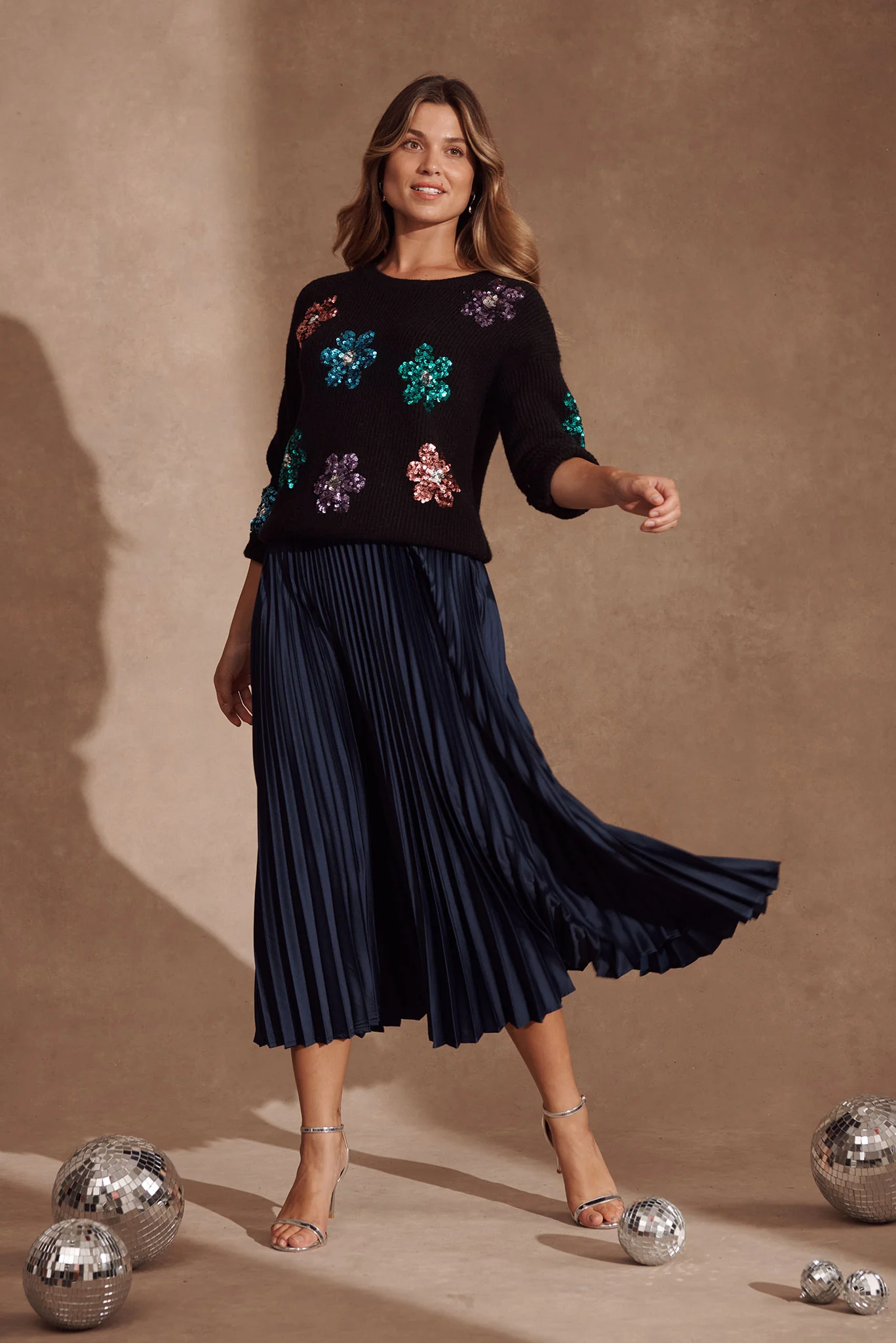 Allison Midi Pleat Skirt In Navy Satin - Image 9
