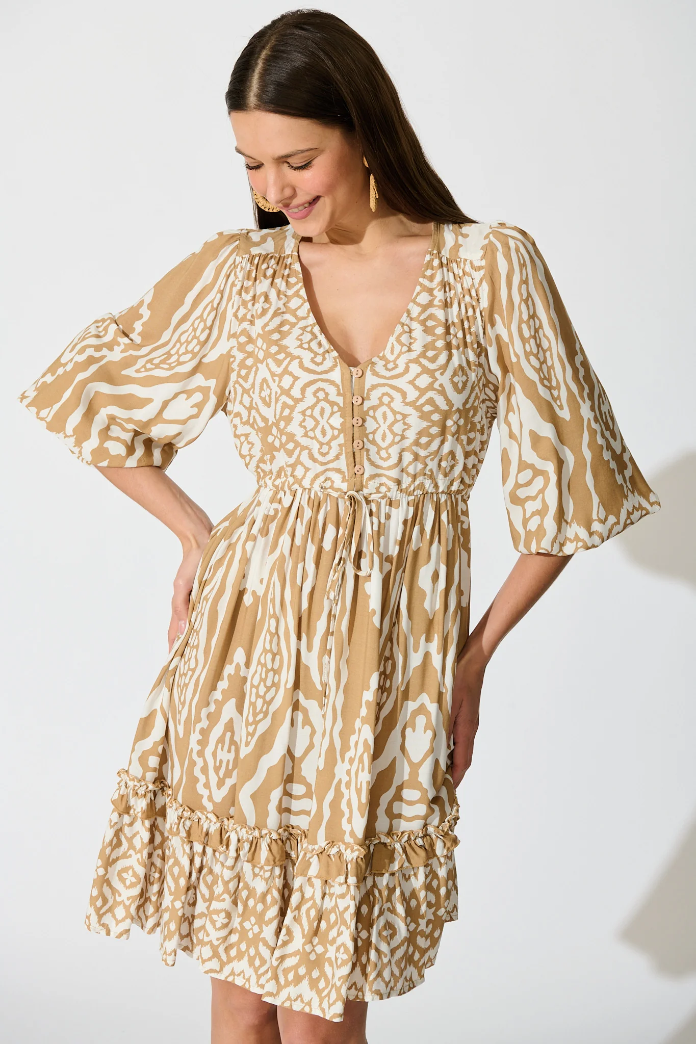 Allora Dress in Beige and White Boho Print - Image 2