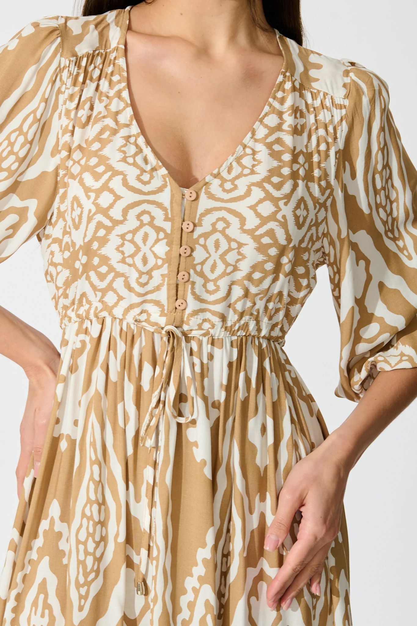 Allora Dress in Beige and White Boho Print - Image 5