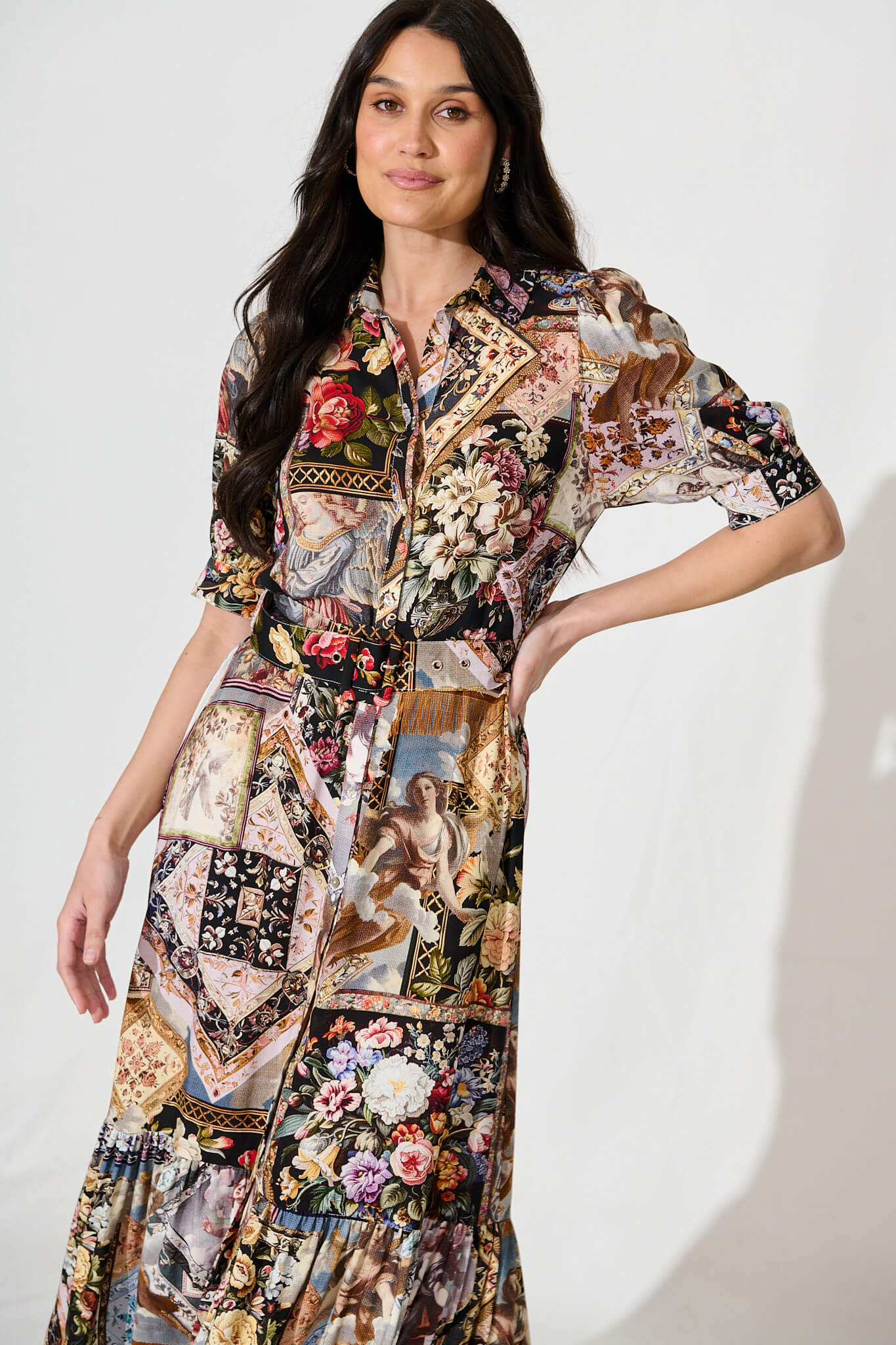 Allyna Midi Shirt Dress in Black Multi Patchwork - Image 2