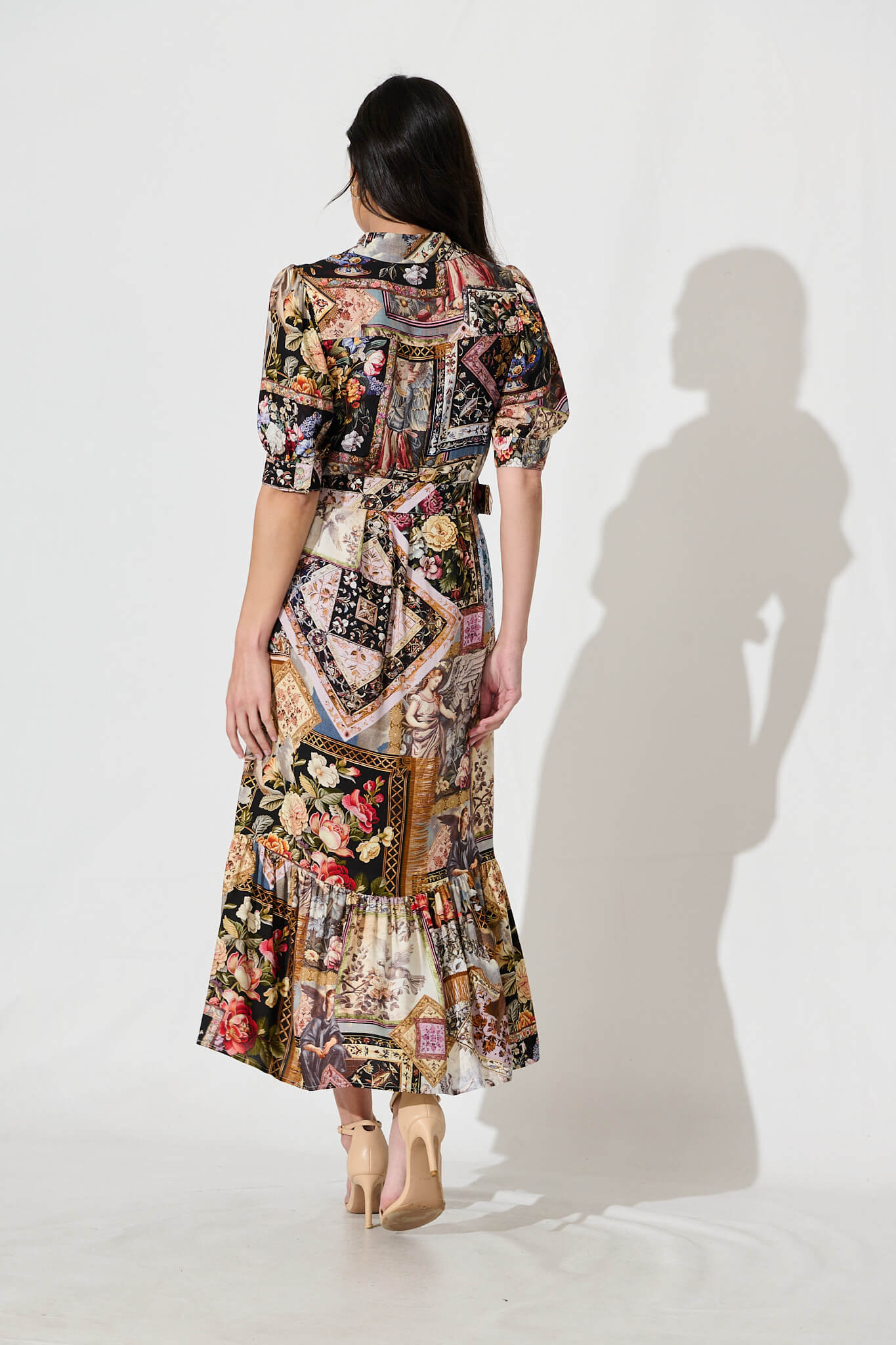 Allyna Midi Shirt Dress in Black Multi Patchwork - Image 4