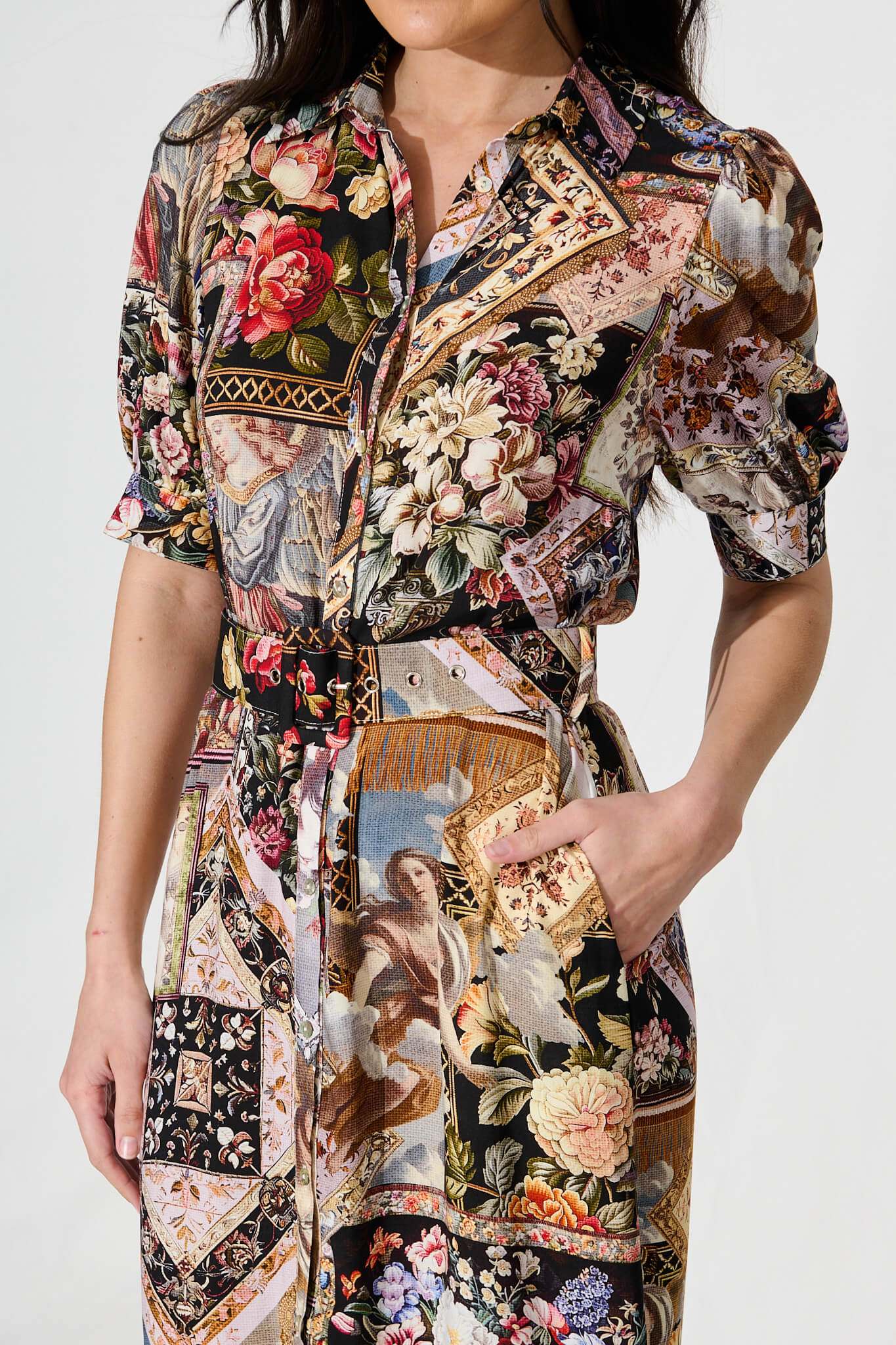 Allyna Midi Shirt Dress in Black Multi Patchwork - Image 5