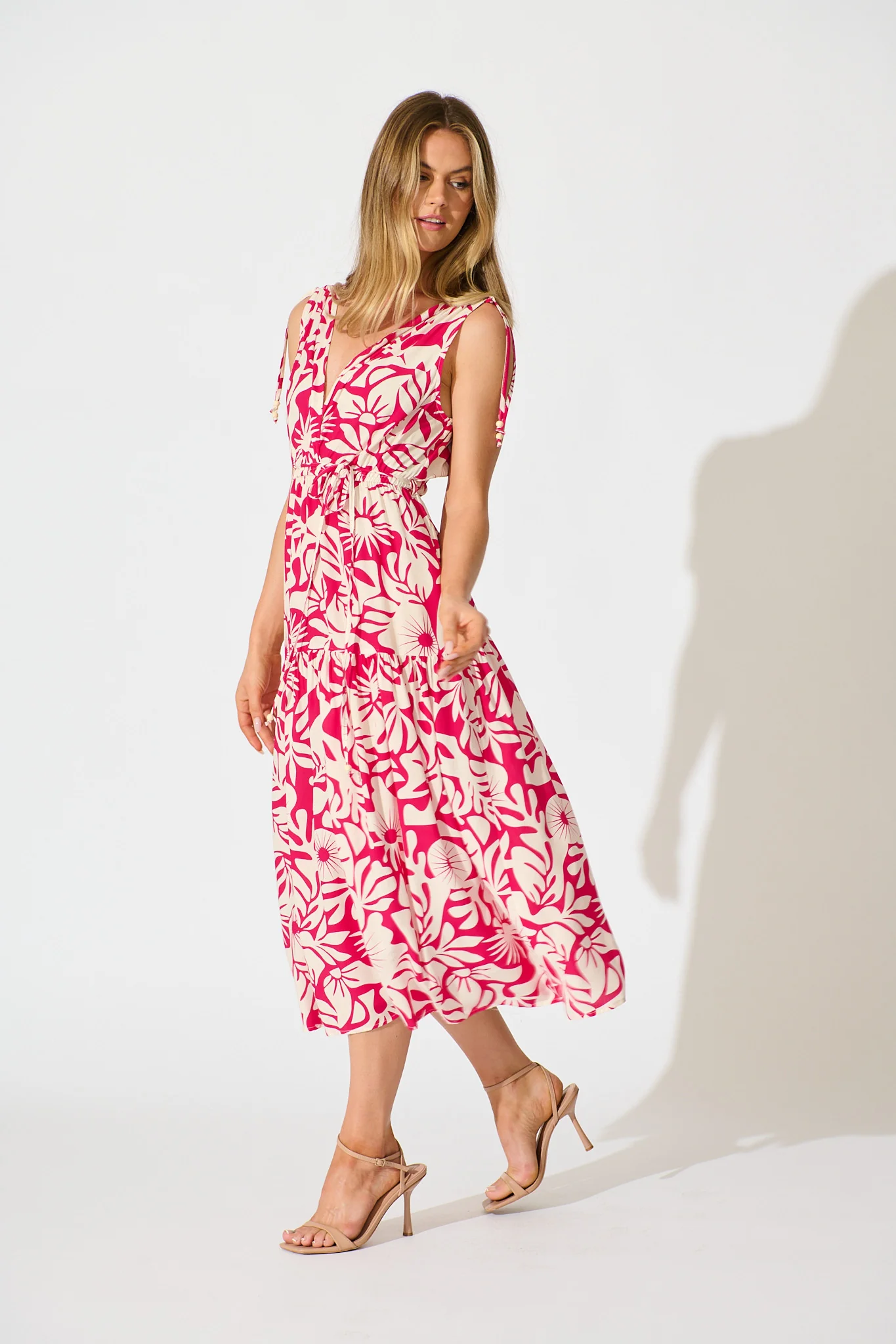 Amabelle Midi Dress in Pink with White Print - Image 3