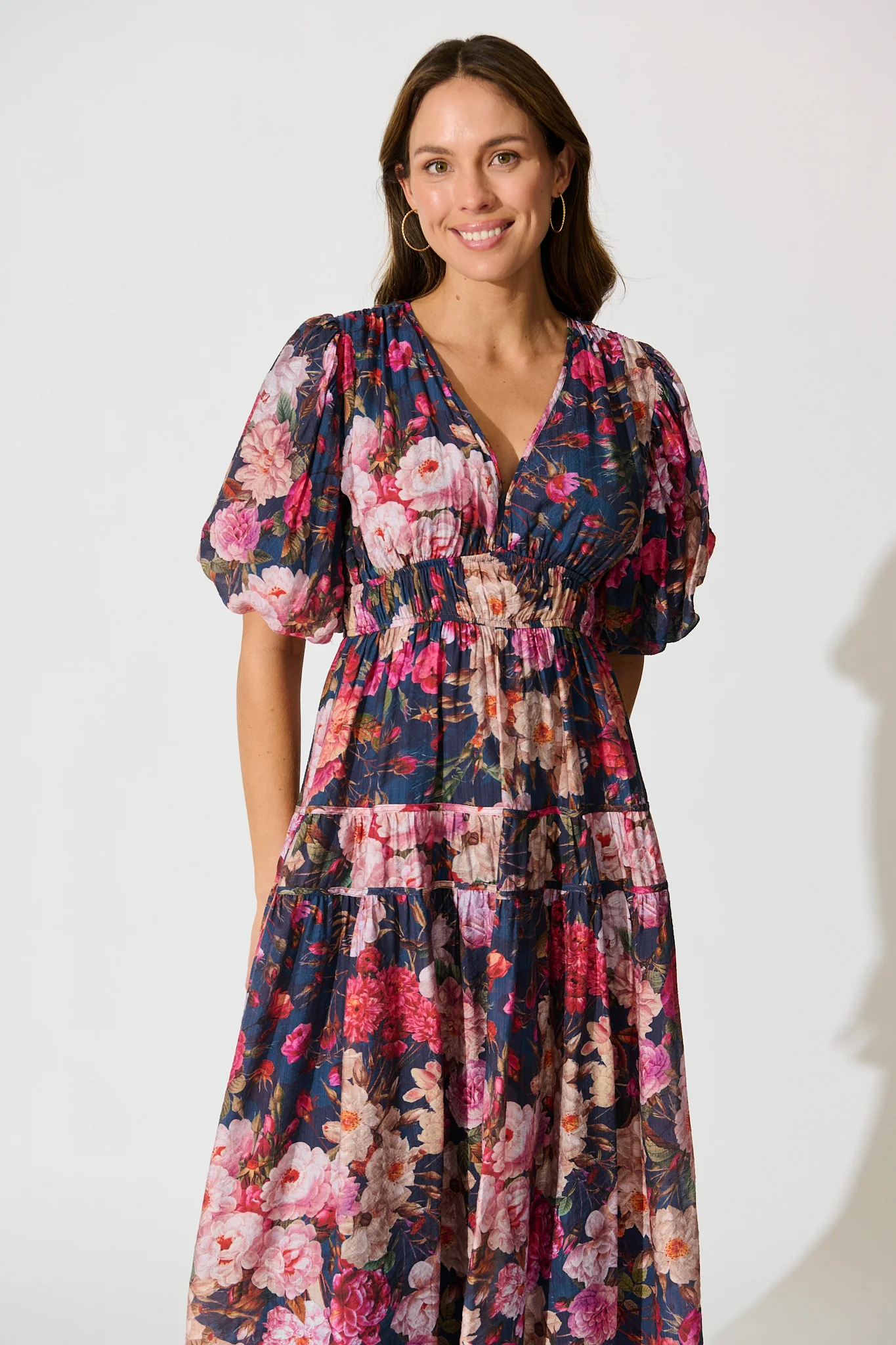 Amalie Midi Dress in Navy with Blush Floral - Image 2