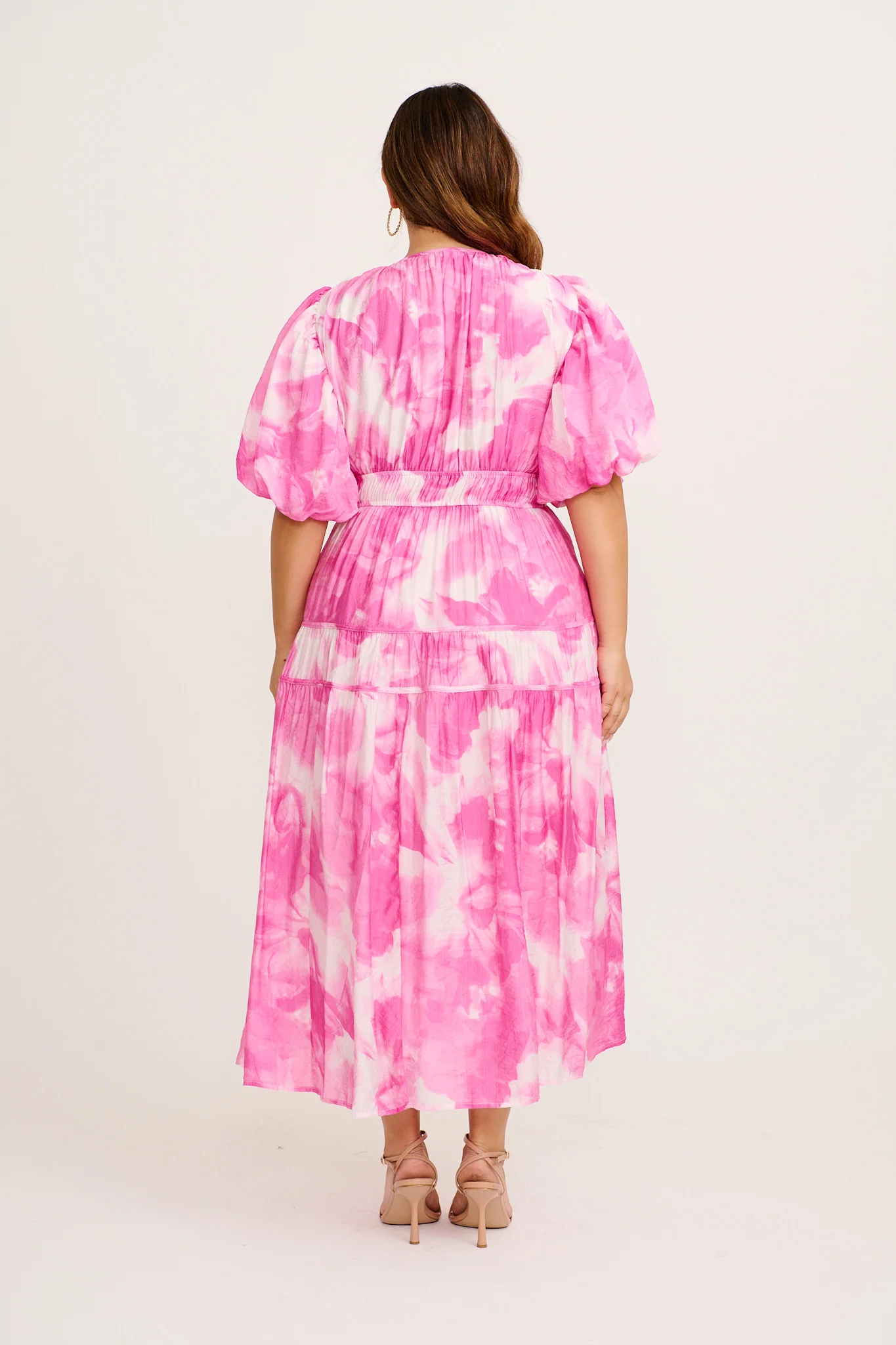 Amalie Midi Dress in Pink with White Watercolour Print - Image 4