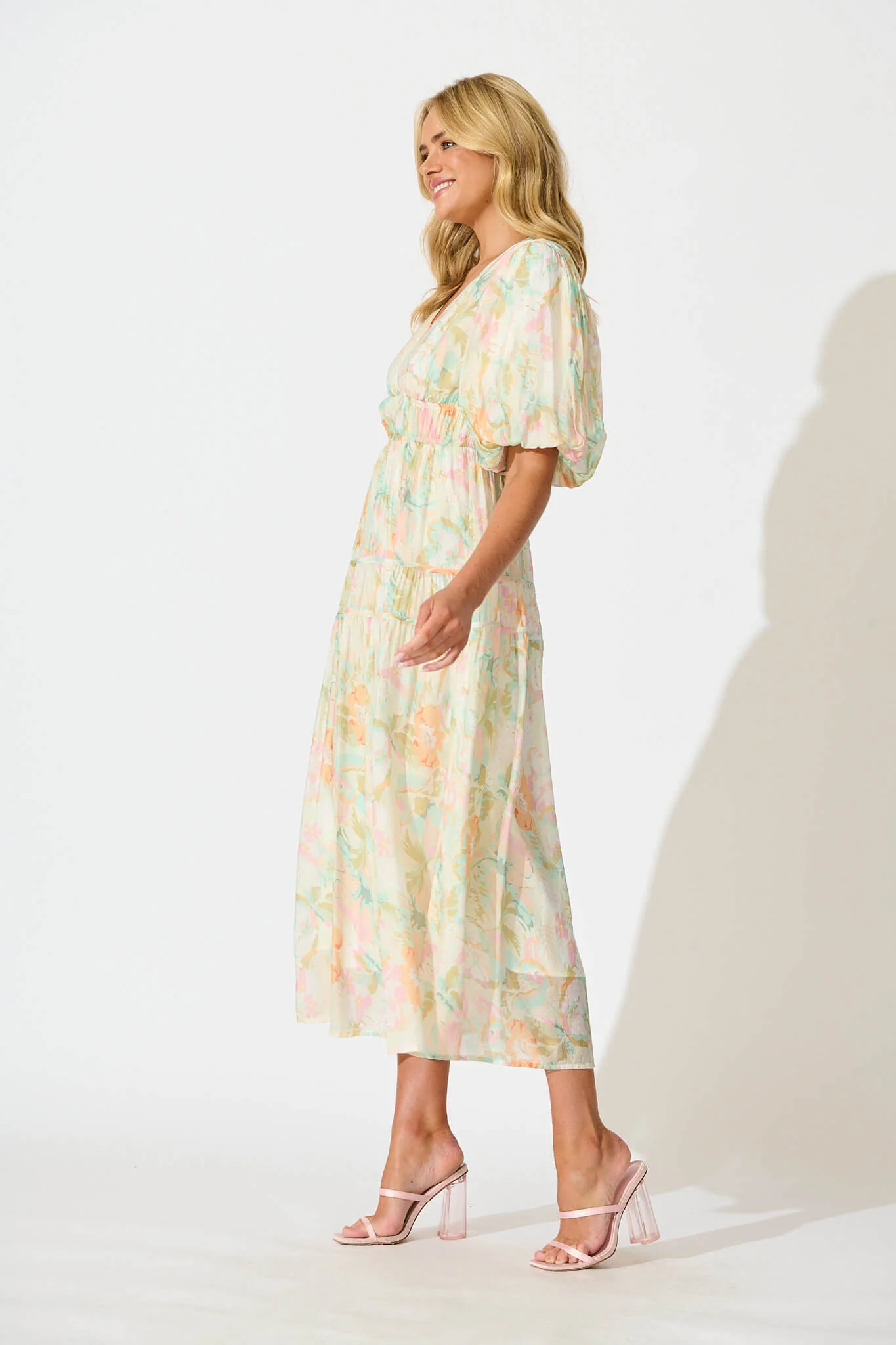 Amalie Midi Dress In White with Pastel Multi Floral - Image 3