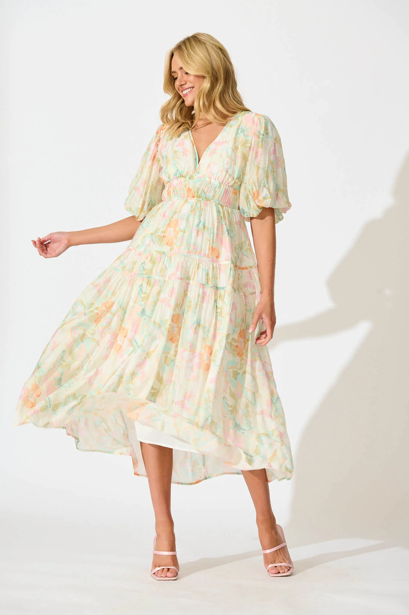 Amalie Midi Dress In White with Pastel Multi Floral - Image 5