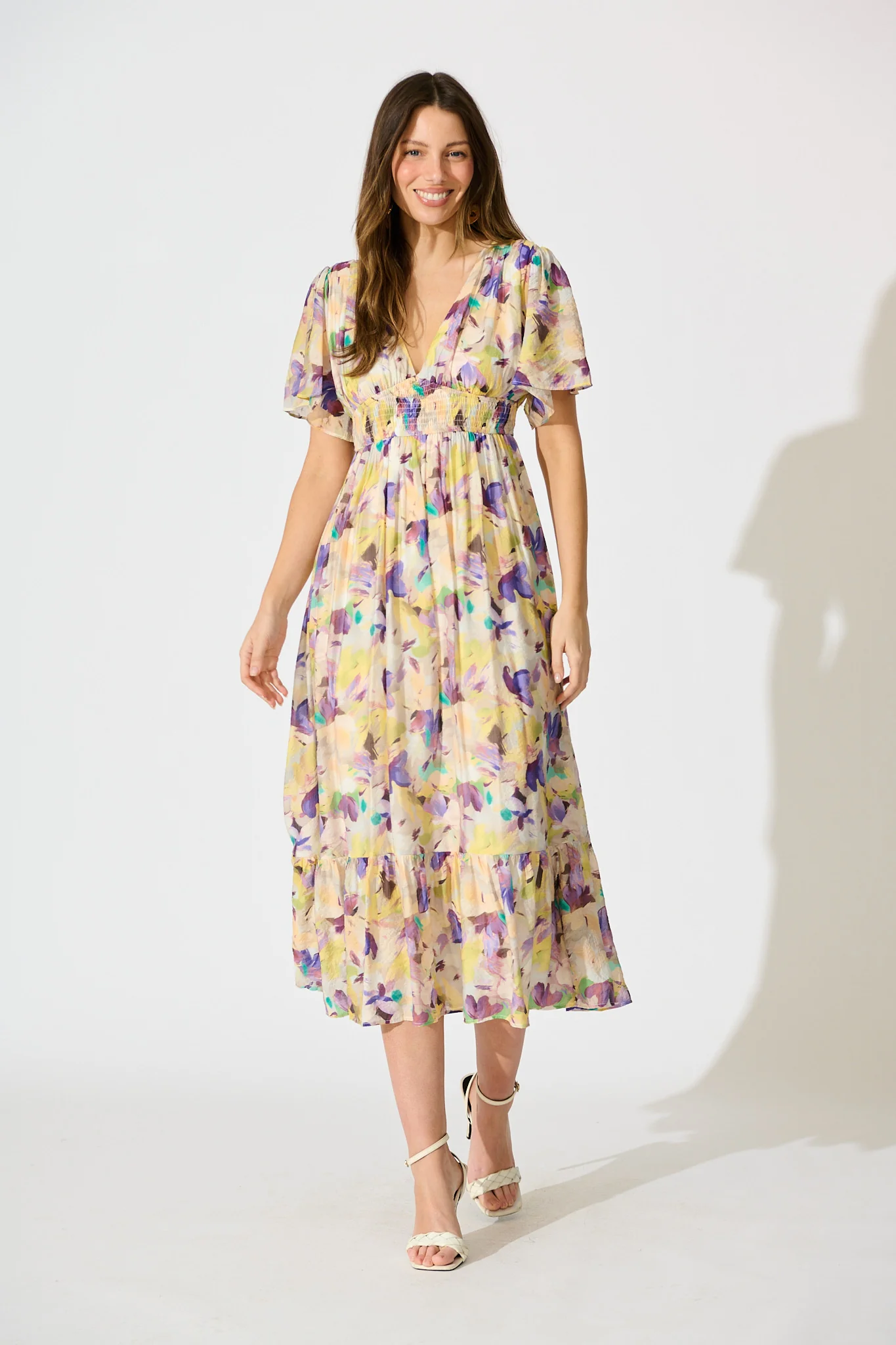Amara Petal Midi Dress in Mustard Multi Watercolour Floral
