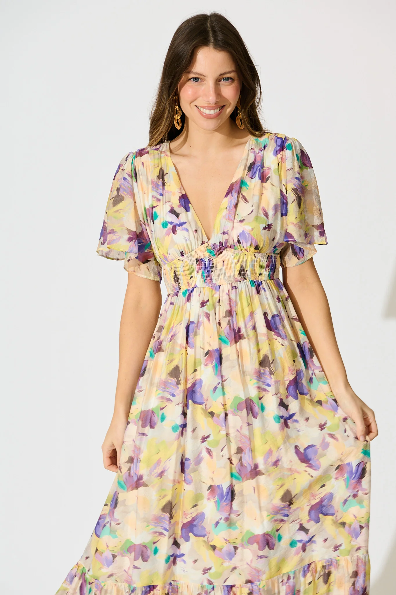 Amara Petal Midi Dress in Mustard Multi Watercolour Floral - Image 2
