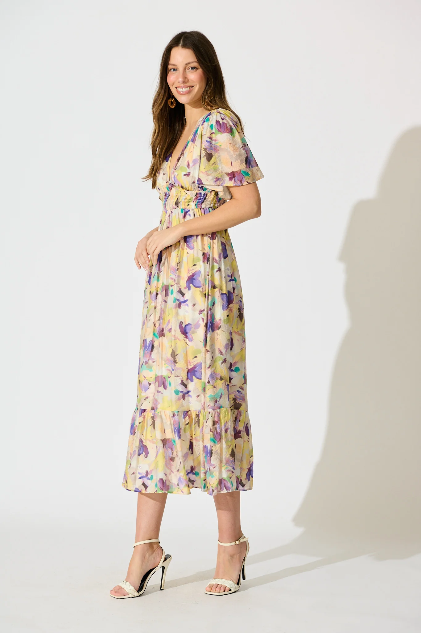 Amara Petal Midi Dress in Mustard Multi Watercolour Floral - Image 3