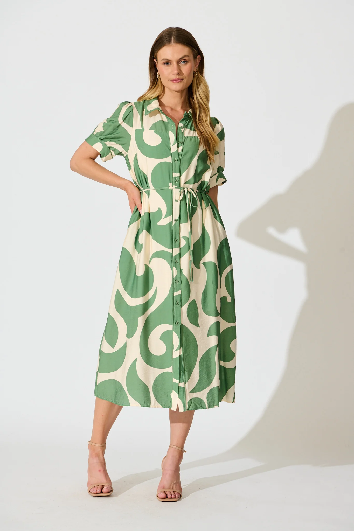 Amarantha Midi Shirt Dress in Green Geometric Print