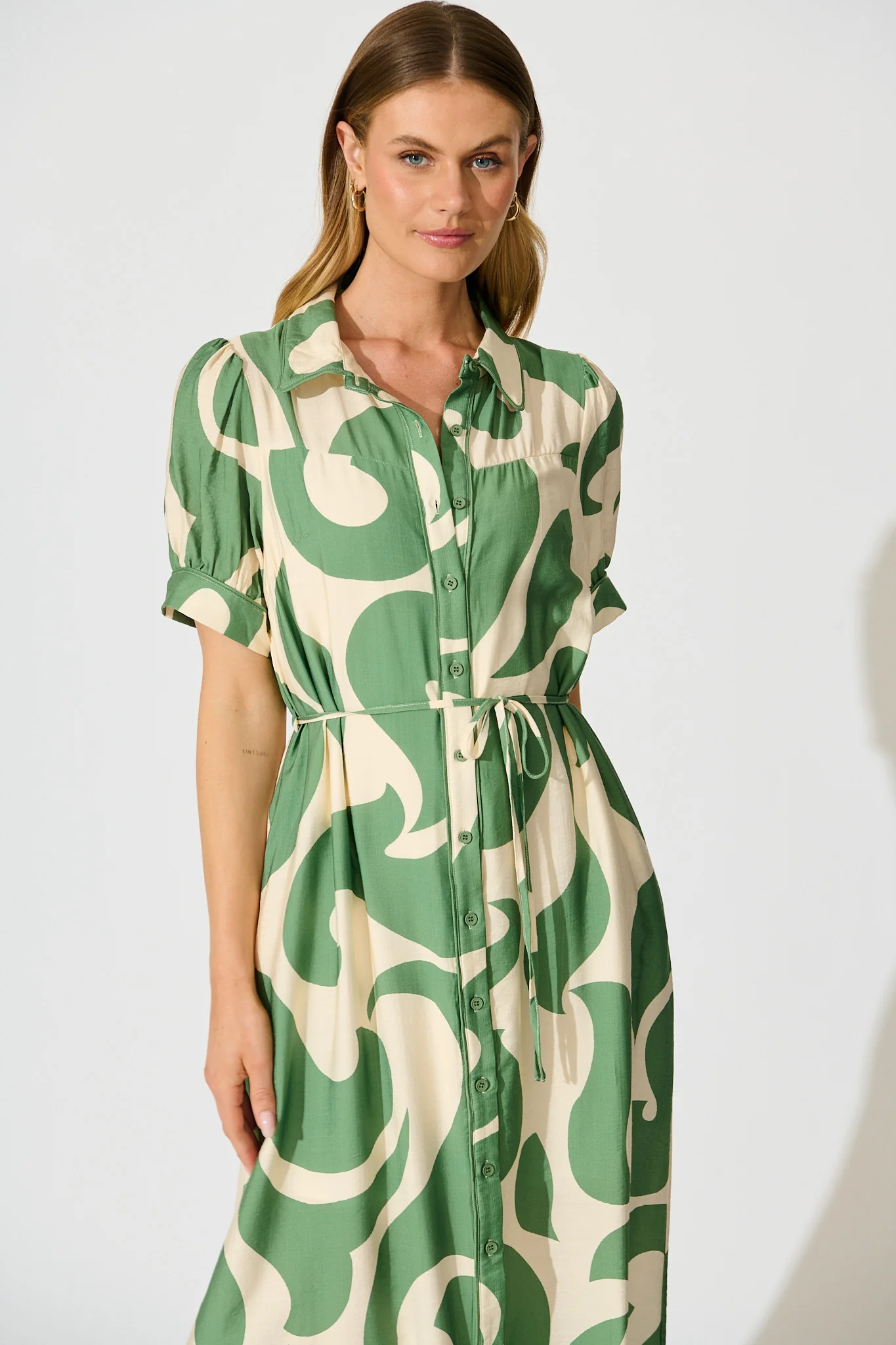Amarantha Midi Shirt Dress in Green Geometric Print - Image 2
