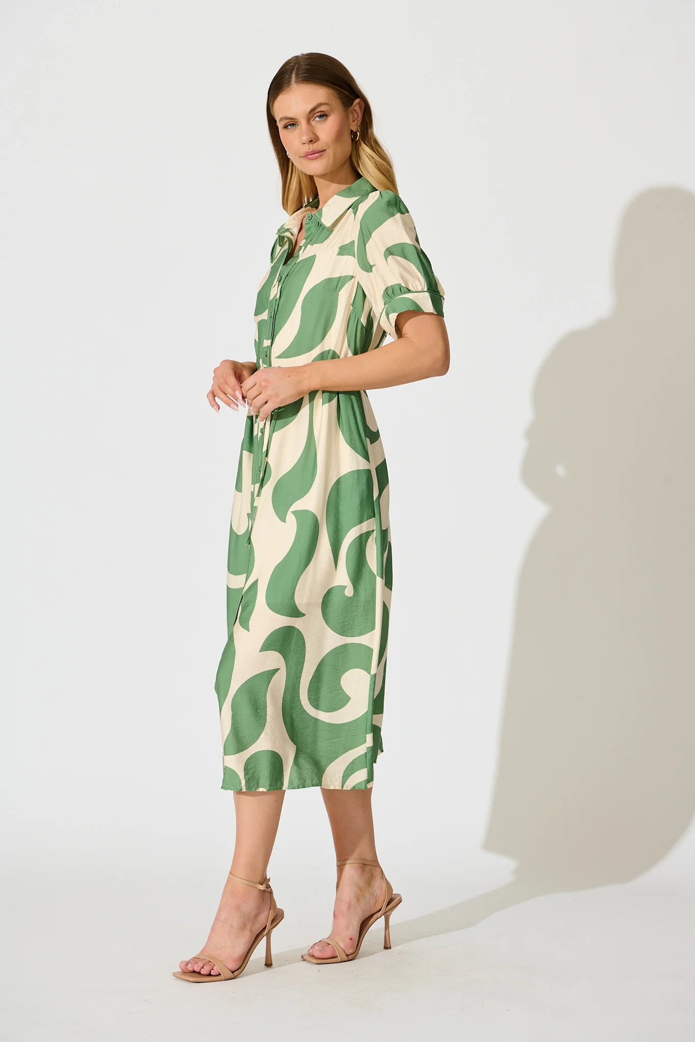 Amarantha Midi Shirt Dress in Green Geometric Print - Image 3