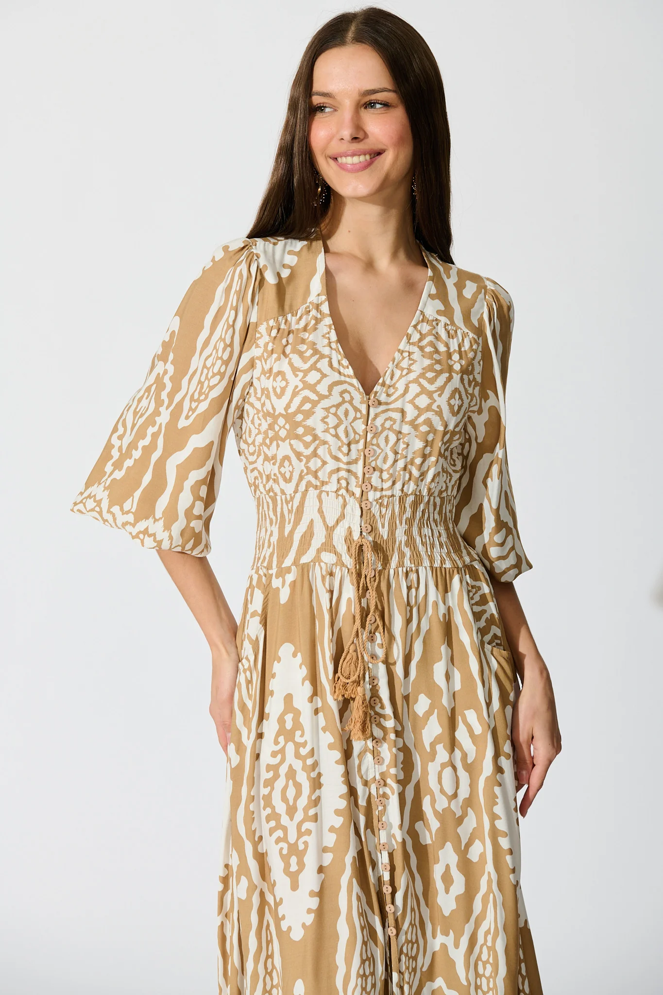 Amarie Maxi Dress in Beige and White Boho Print - Image 2
