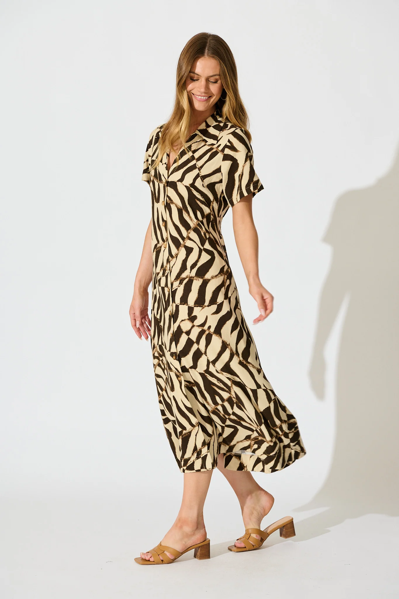 Amelita Midi Shirt Dress in Abstract Black and Beige Linen Blend - Image 3
