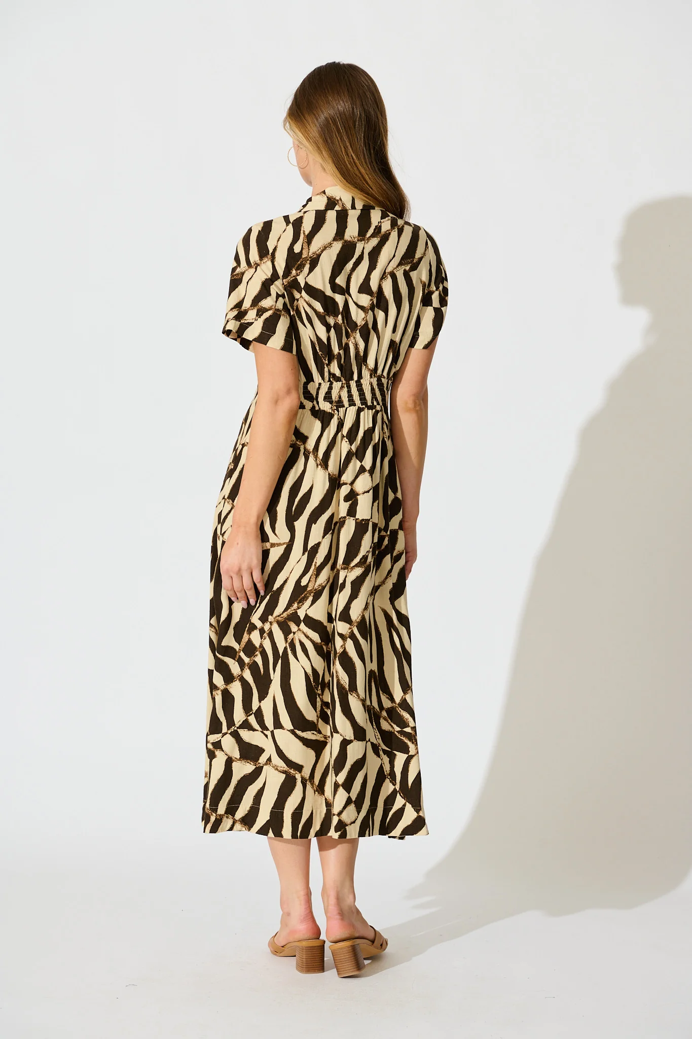 Amelita Midi Shirt Dress in Abstract Black and Beige Linen Blend - Image 4