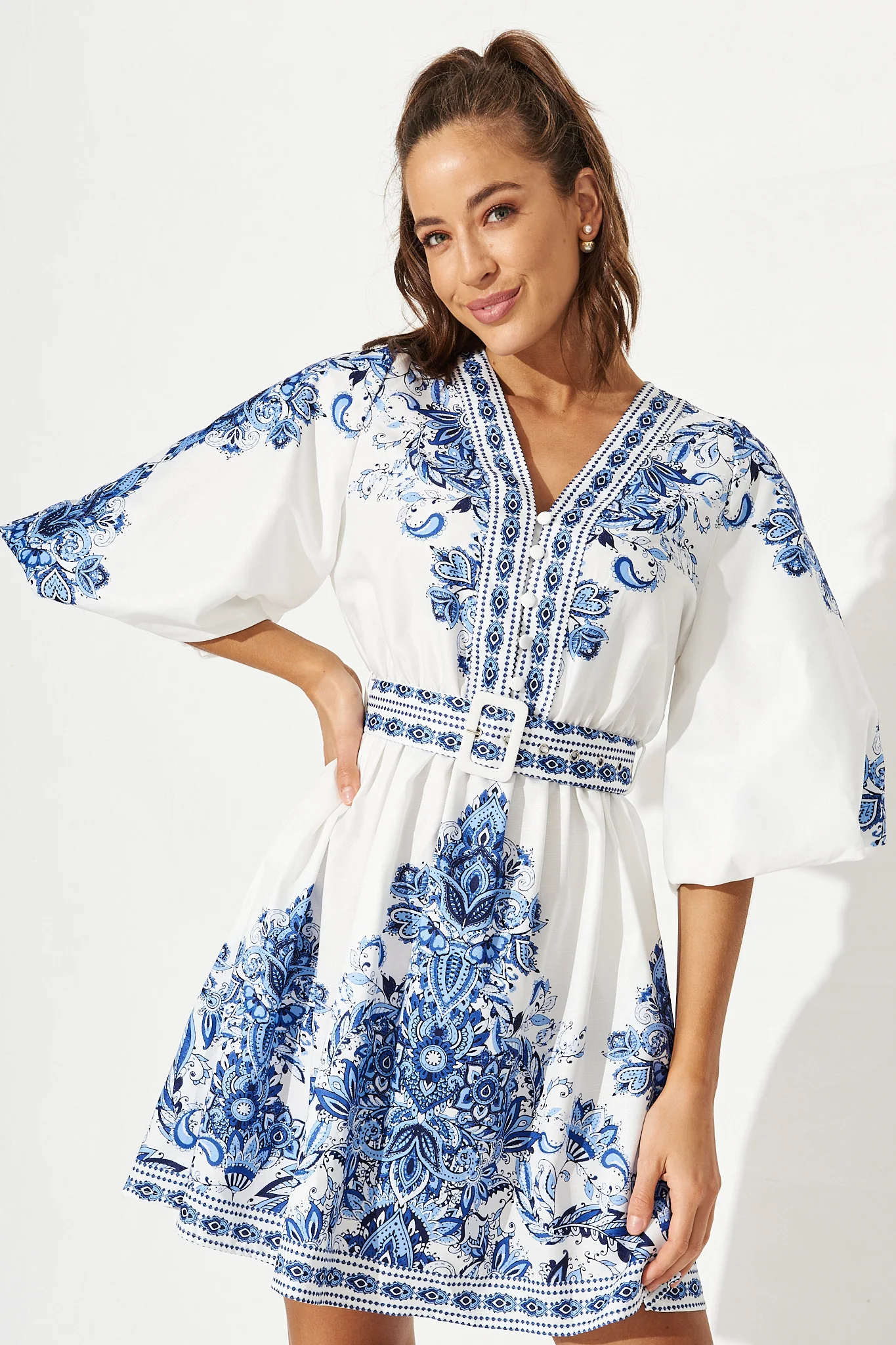 Amira Shirt Dress In White With Blue Print - Image 3