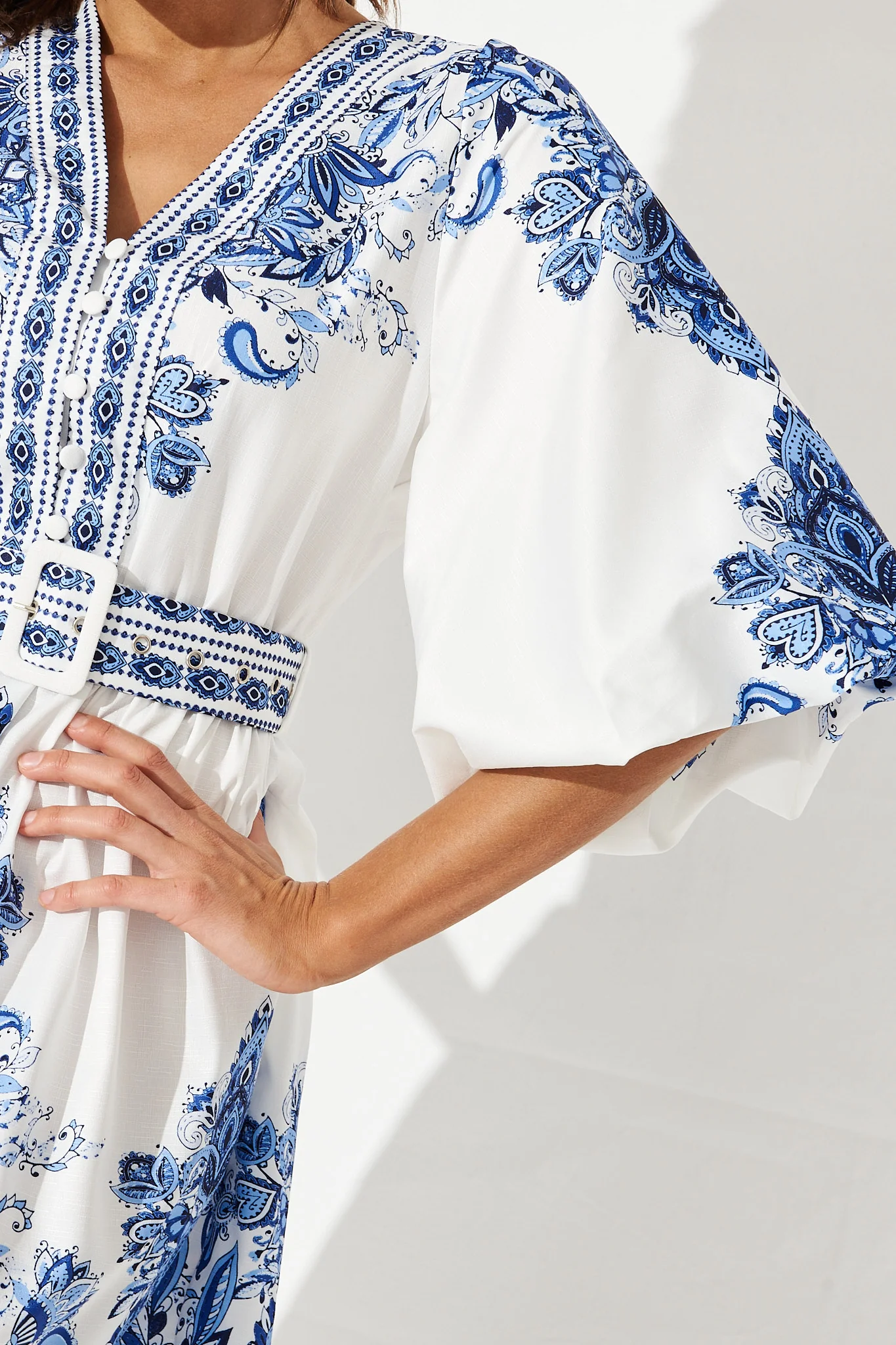 Amira Shirt Dress In White With Blue Print - Image 6